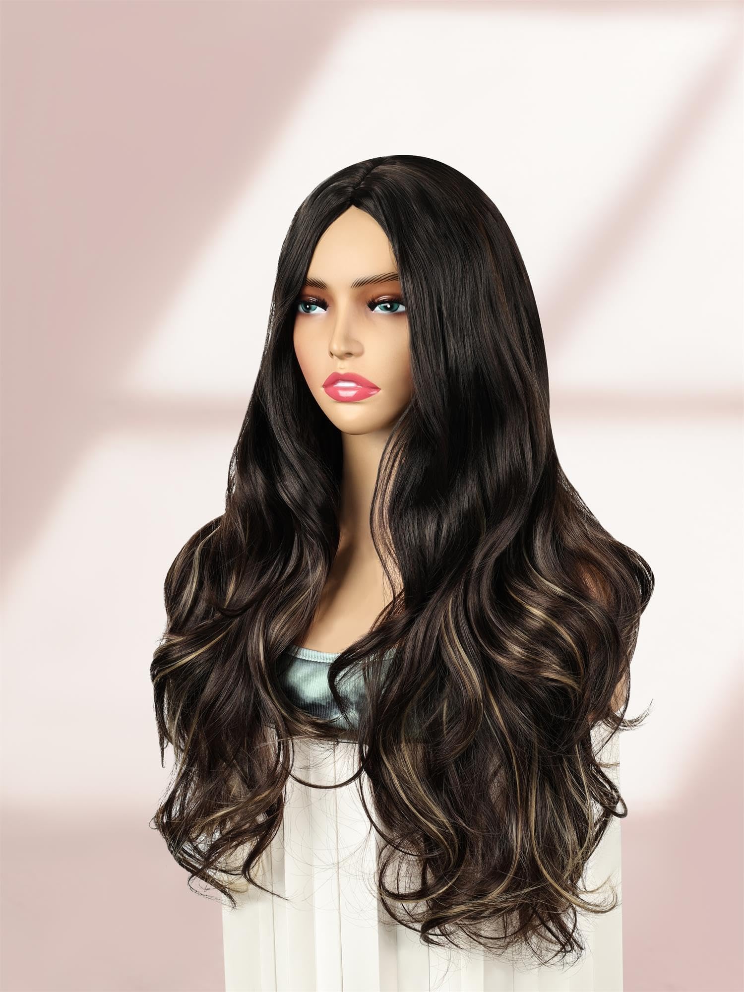 QUEENTAS 24 Inch Long Black Wigs for Women Ladies Wigs Synthetic Wig Wavy Middle Part Curly Wig for Daily Party (Black Mix Brown) - Image 3