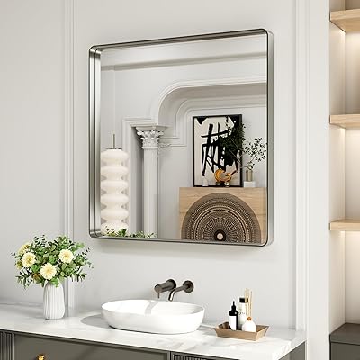 LOAAO 48X30 Inch Brushed Nickel Bathroom Mirror, Rounded Rectangle Silver Metal Frame Mirror, Brushed Nickel, Anti-Rust, Shatter Proof, Hangs Horizontally or Vertically