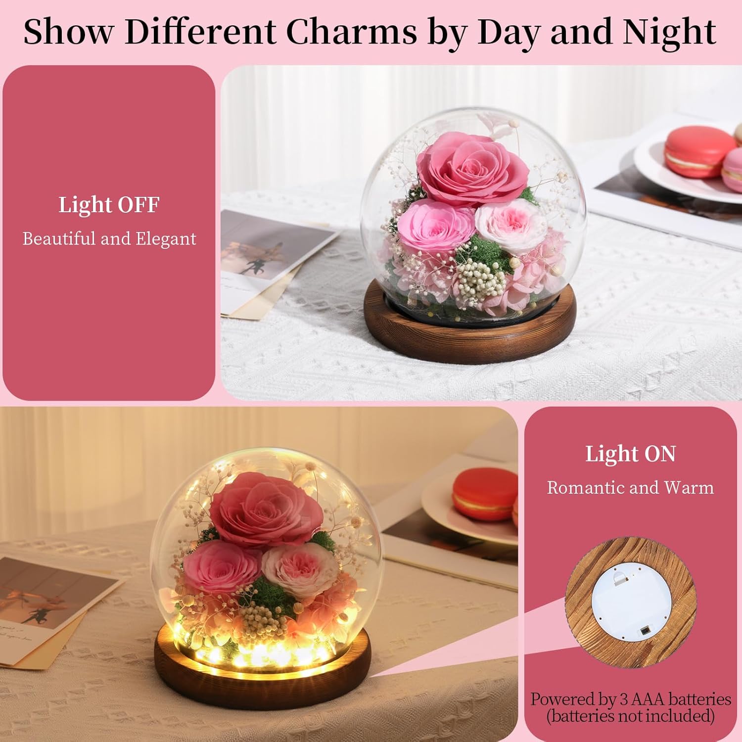 Emibele Valentines Eternal Rose Gifts for Her Girlfriend, Preserved Real Rose in Glass Dome with LED Light, Flowers for Delivery Prime, Birthday Anniversary for Women Wife Mom - Image 4