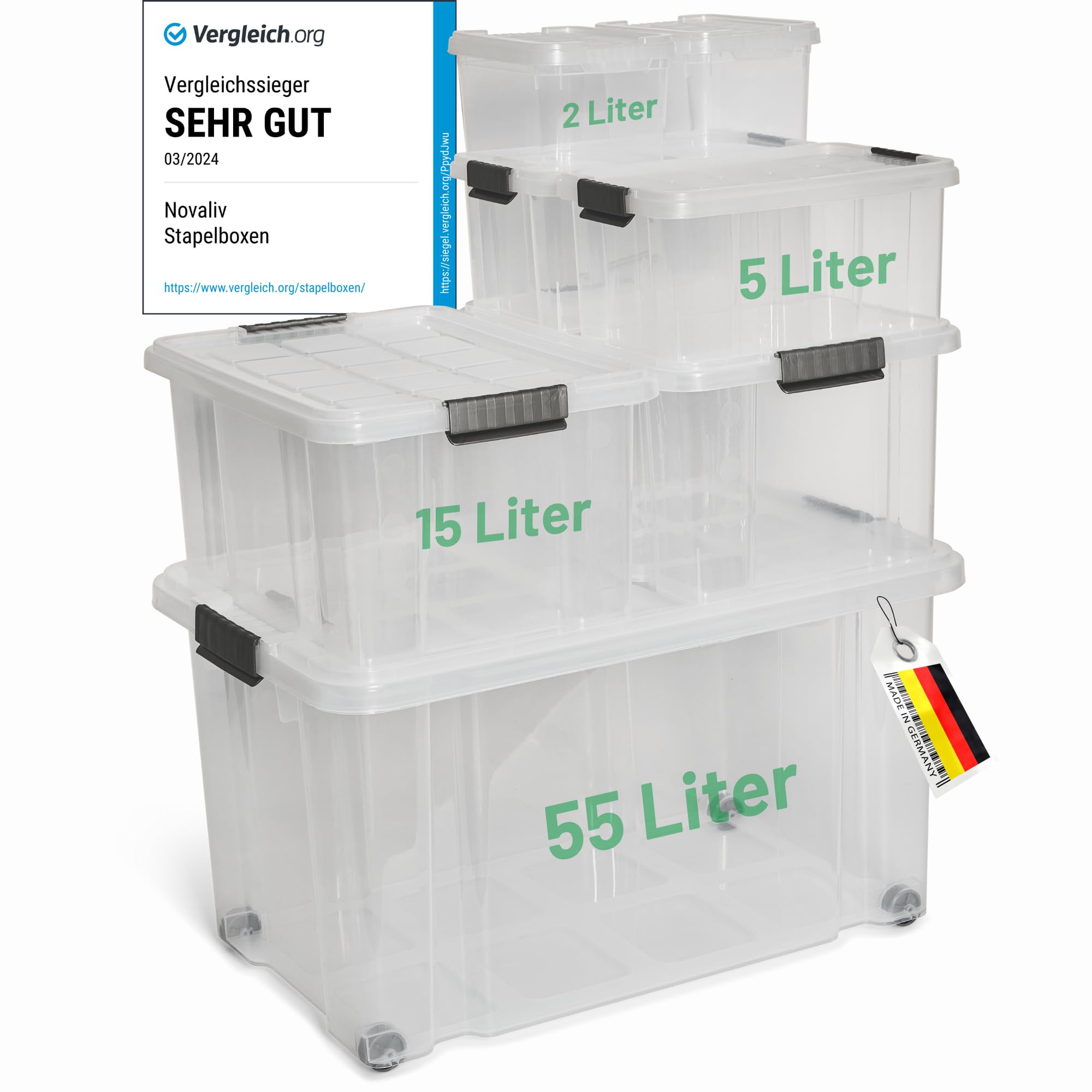 Novaliv 7 tlg Sparset Aufbewahrungsboxen mit Deckel Transparent 1x55L + 2x 15L + 2x 5L + 2x 2L Nestbar stapelbar Clipverschluss Rollboxen BPA-frei
