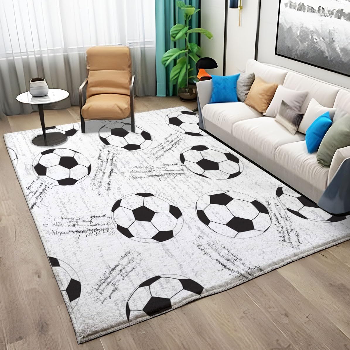 Luxus Soft Flauschiger Area Teppich 80cm x 150cm Indoor Shaggy rutschfeste Teppiche Schwarz-Weiß-Fußball Design Wohnkultur für Wohnzimmer Schlafzimmer Kinderzimmer Wohnzimmer