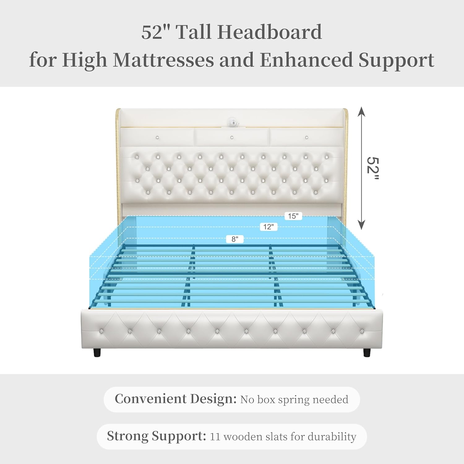 Full Led Bed Frame with Galaxy Aurora Star Projector, Full Size Platform Bed with 2 Storage Drawers, 52" Diamond Upholstered Headboard with Charging Station, Noise Free, No Box Spring Needed, PU White