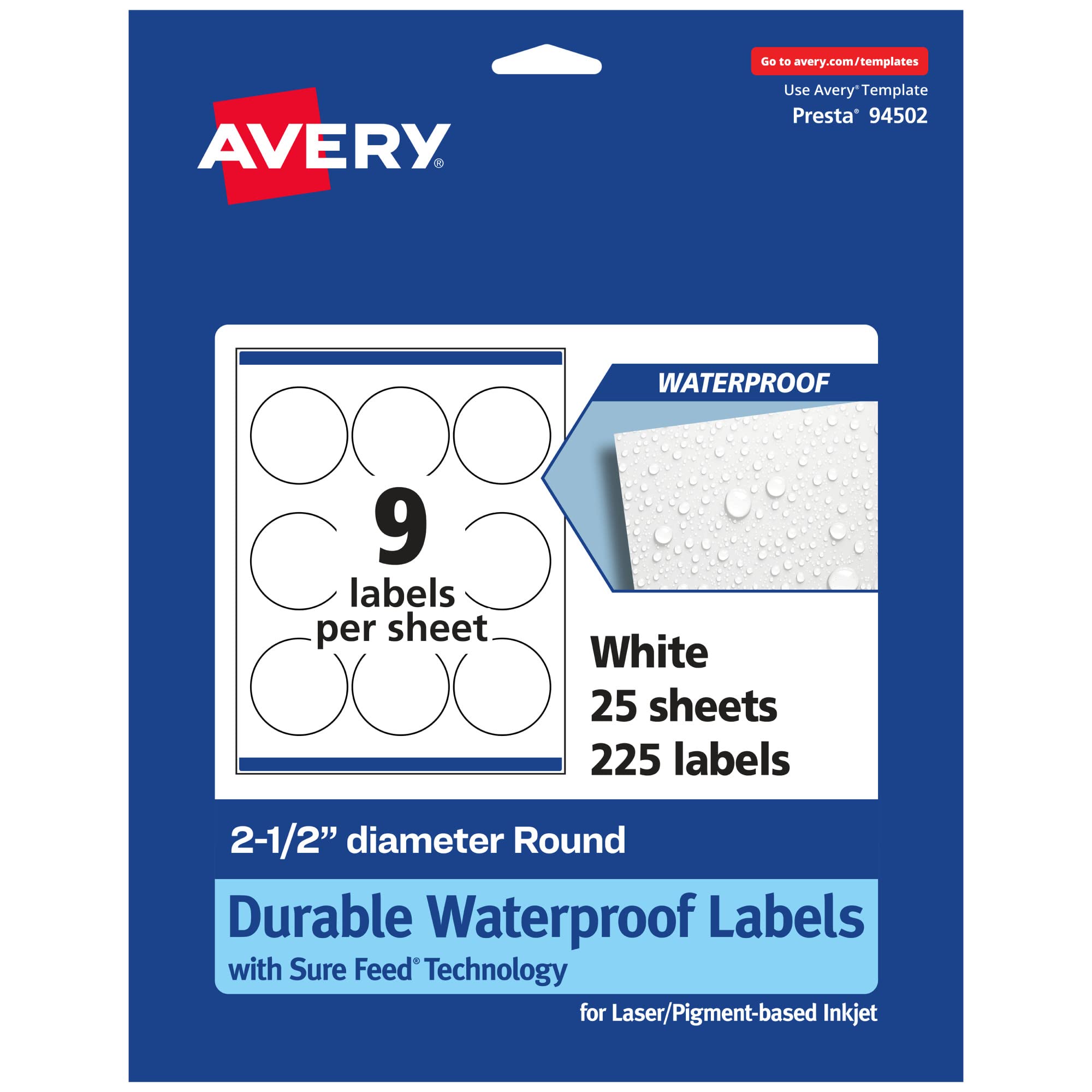 Avery Durable Waterproof Round Labels, Sure Feed Technology, 2.5" Diameter, 225 Total, Oil and Tear-Resistant Waterproof Labels, Print-to-The-Edge,