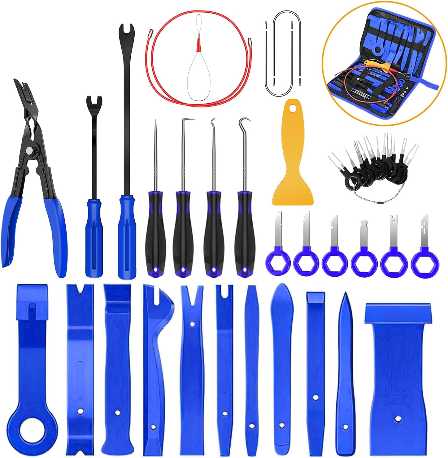 GOOACC 40Pcs Trim Removal Tool,Auto Terminal Removal Key Tool,Auto Clip Pliers Stereo Removal Tools,Car Upholstery Repair Removal Kit,Precision Hook and Pick Set,Wiring Threader,Car Film Scrape-Blue