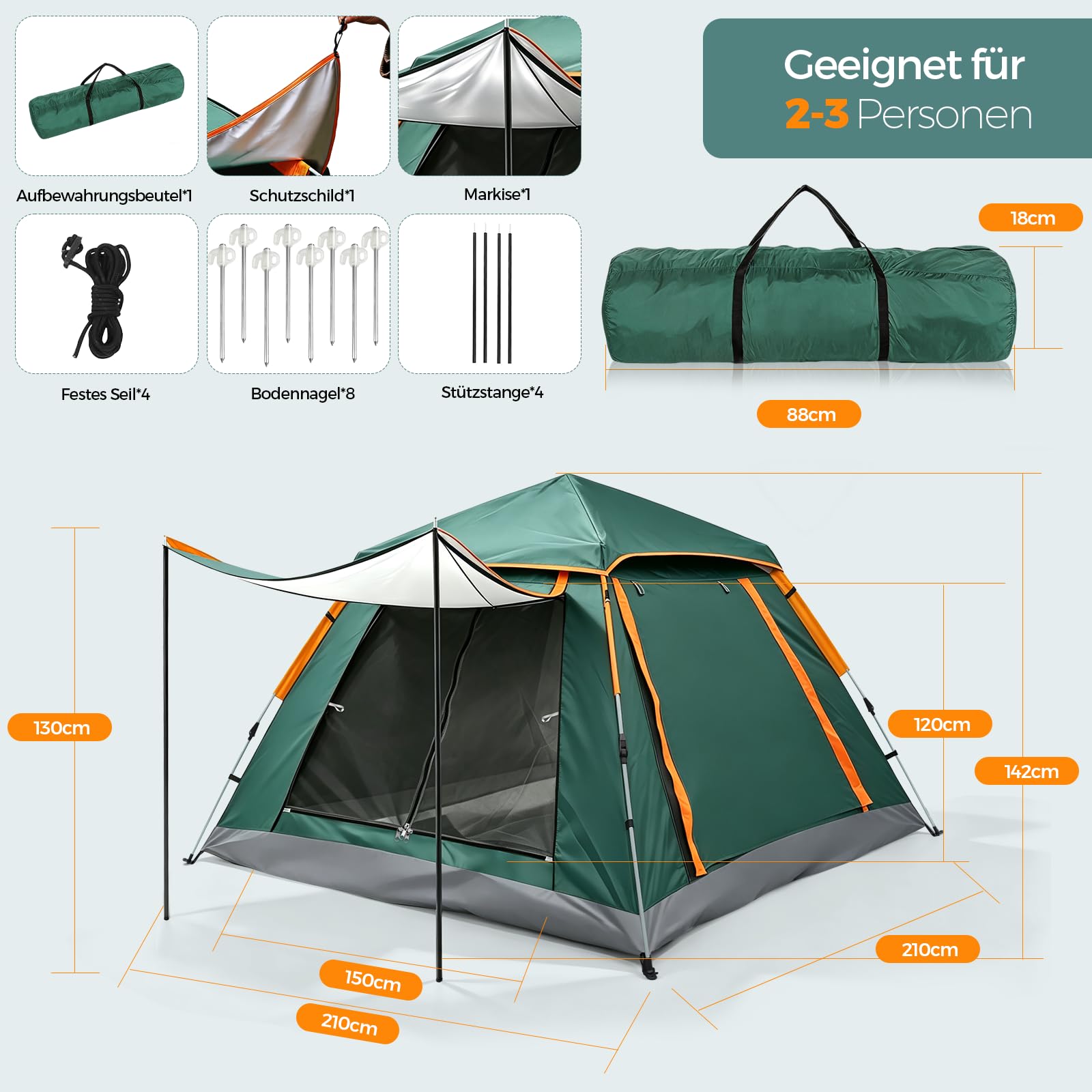 Pop Up Zelt Automatisches Wurfzelt, Camping Zelt 3-4 Personen, 3000mm Wasserdicht&Winddicht mit Vorzelt Fenster, Doppelschicht Kuppelzelt 4 Jahreszeiten, Camping, Wandern, Trekking, Gartenl