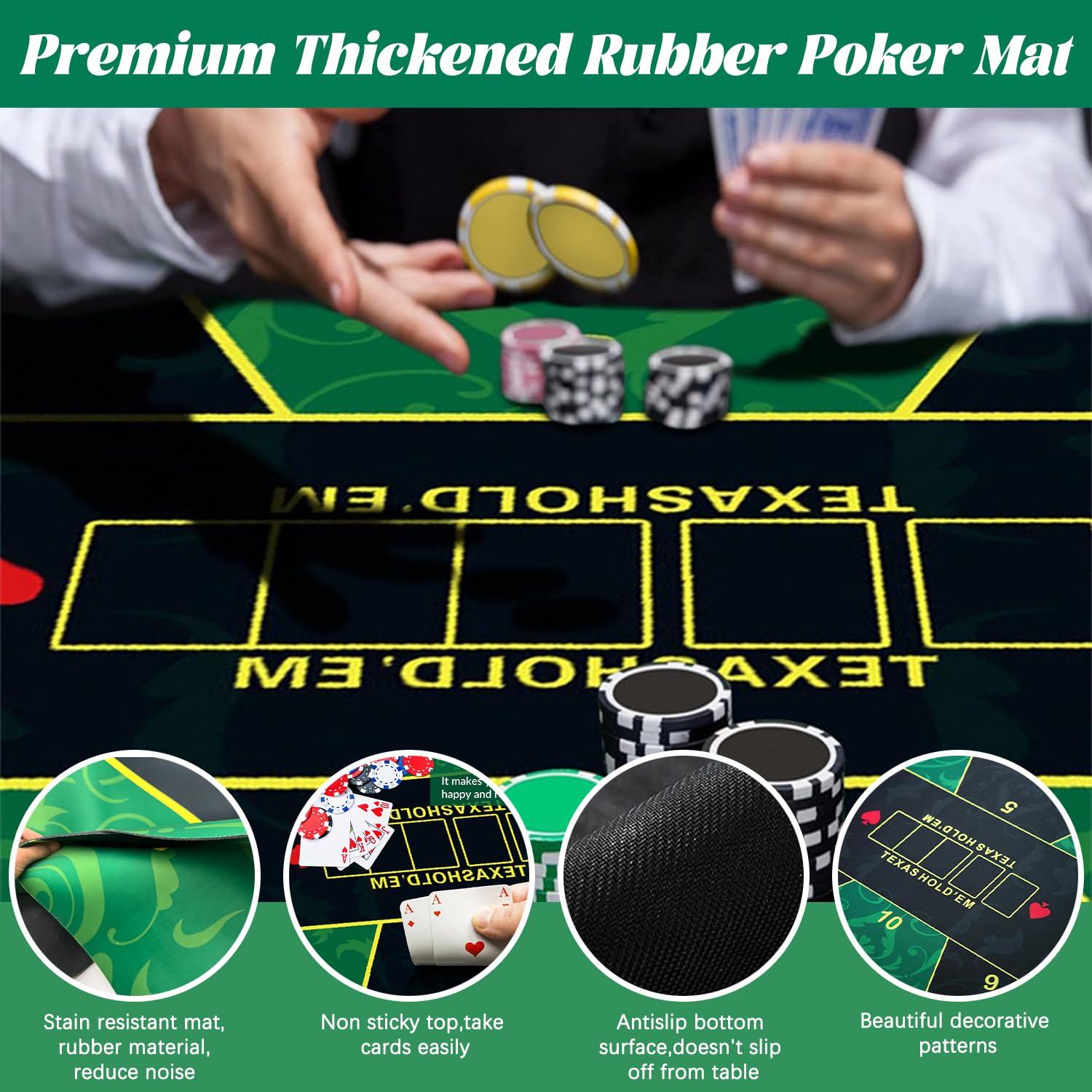 180x90 cm Poker Mat,10 Player Texas Hold'em Poker Rubber Mat Topper for Tables,Portable Poker Table Top Layout For Play Cards,PokerGames,Blackjack,Casino,With Carrying Bag - Image 4