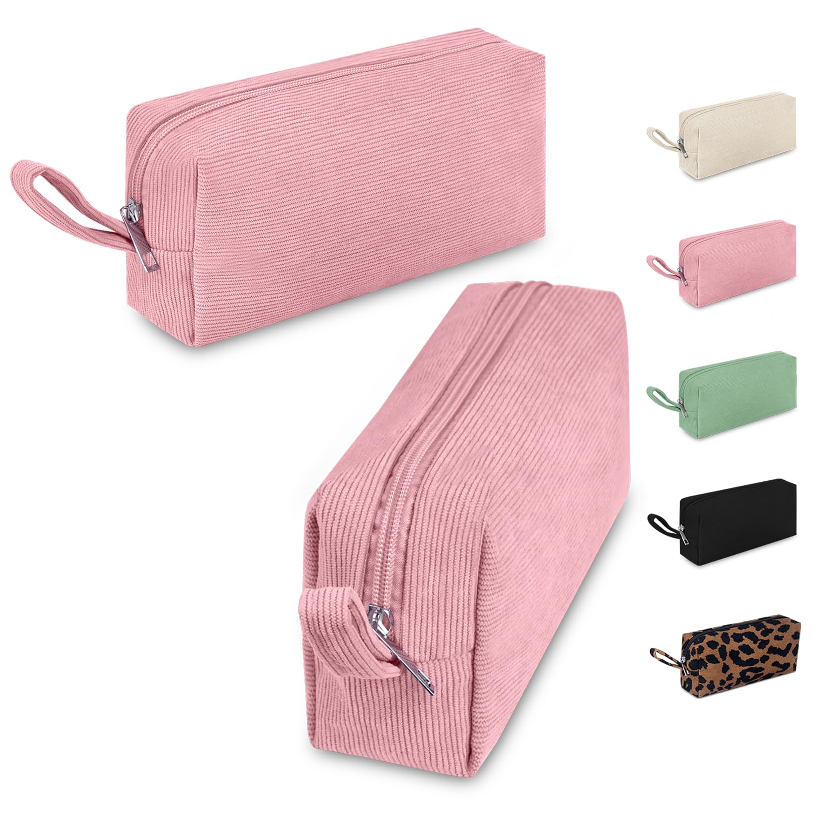 FITDON 2PCS Corduroy Pencil Case, Large Pencil Bag Pen Cases, Portable Pencil Pouch Stationery Organizer Travel Toiletries Makeup Bag, Pink