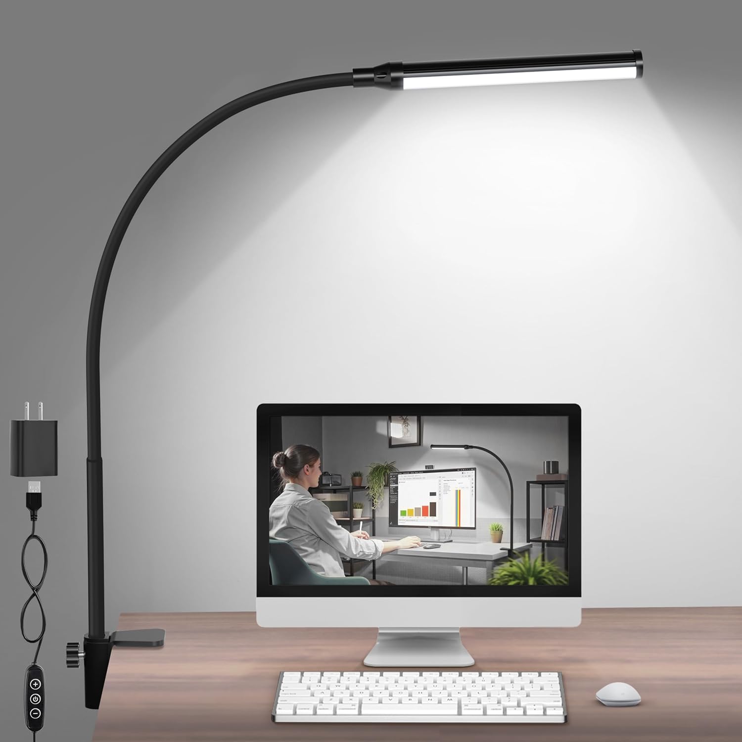 ShineTech LED Desk Lamp with Clamp, Clip On Desk Lamp for Home Office, 5000K Daylight White & Stepless Dimming, Flexible Gooseneck Architect Desk Light, Eye Caring Reading Lamp with USB Adapter