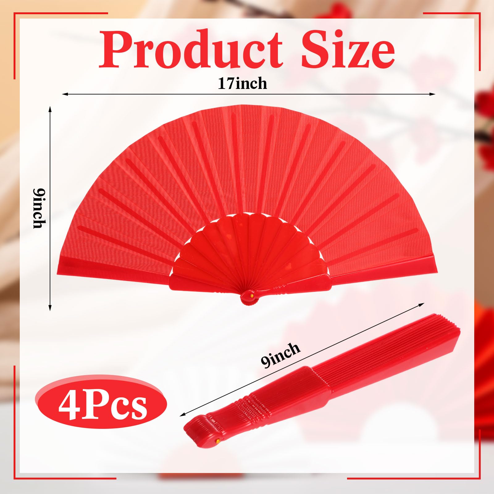 Blulu 4 Pieces Handheld Folding Fan Small Chinese Hand Fans in Oriental Cloth Fabric for Dancing, Party, Wedding Gifts, Craft DIY, Home Decorations (Black and Red)
