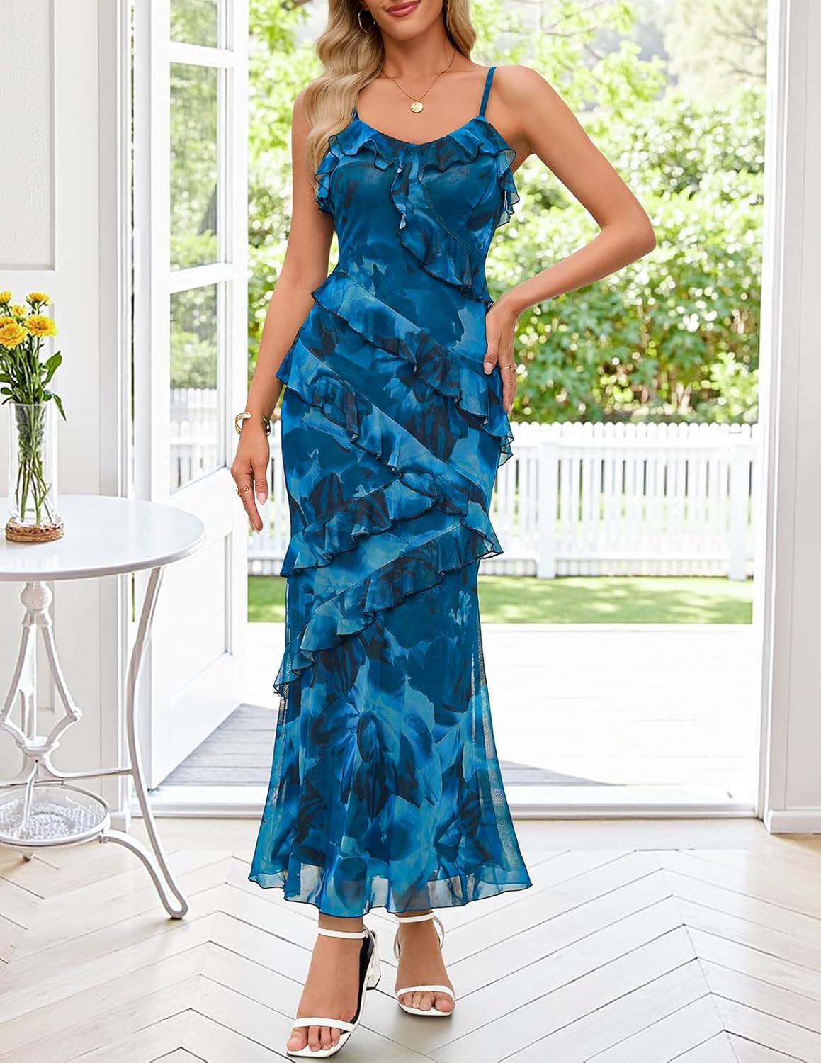 MEROKEETY Summer Floral Wedding Guest Maxi Dress Women 2026 Vacation Formal Bodycon Spaghetti Strap Cocktail Party Long Dress thumbnail