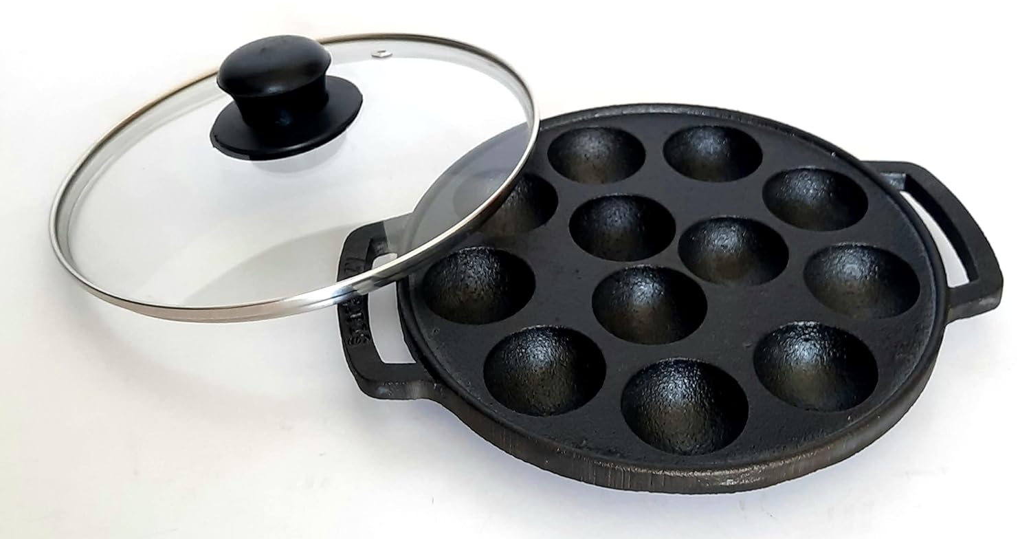 Buy sparKenzy Pre Seasoned Cast Iron Paniyaram pan 12 Cavity with lid