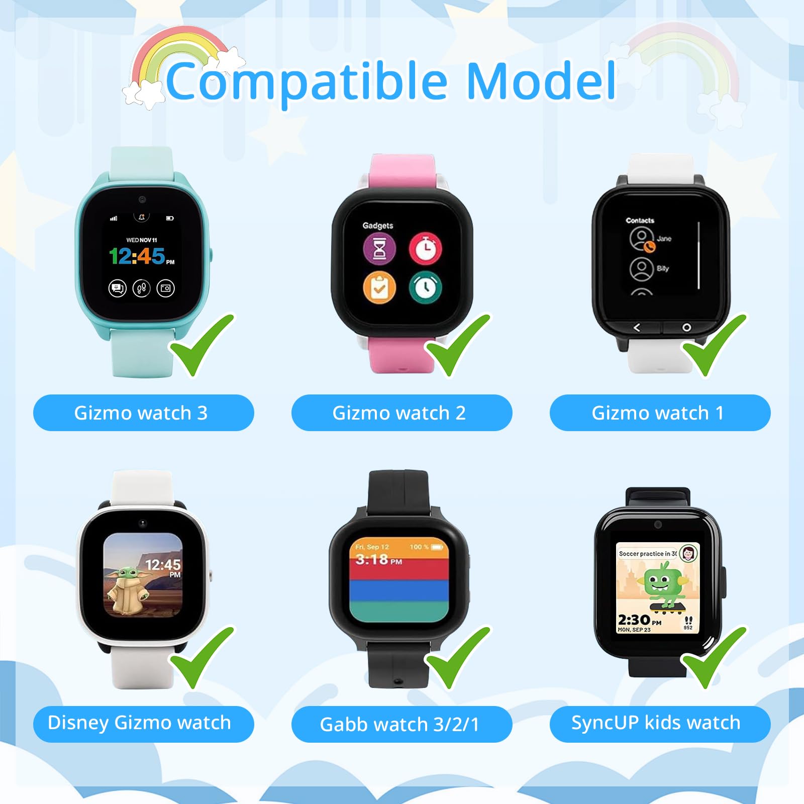 LETOID [Paquete de 3] Correa de repuesto para niños compatible con Gizmo Watch 3 2 1/Gabb Watch 3 2 1/Sync UP/Cosmo Watch, correa elástica suave transpirable de 20 mm de tamaño pequeño para niños y
