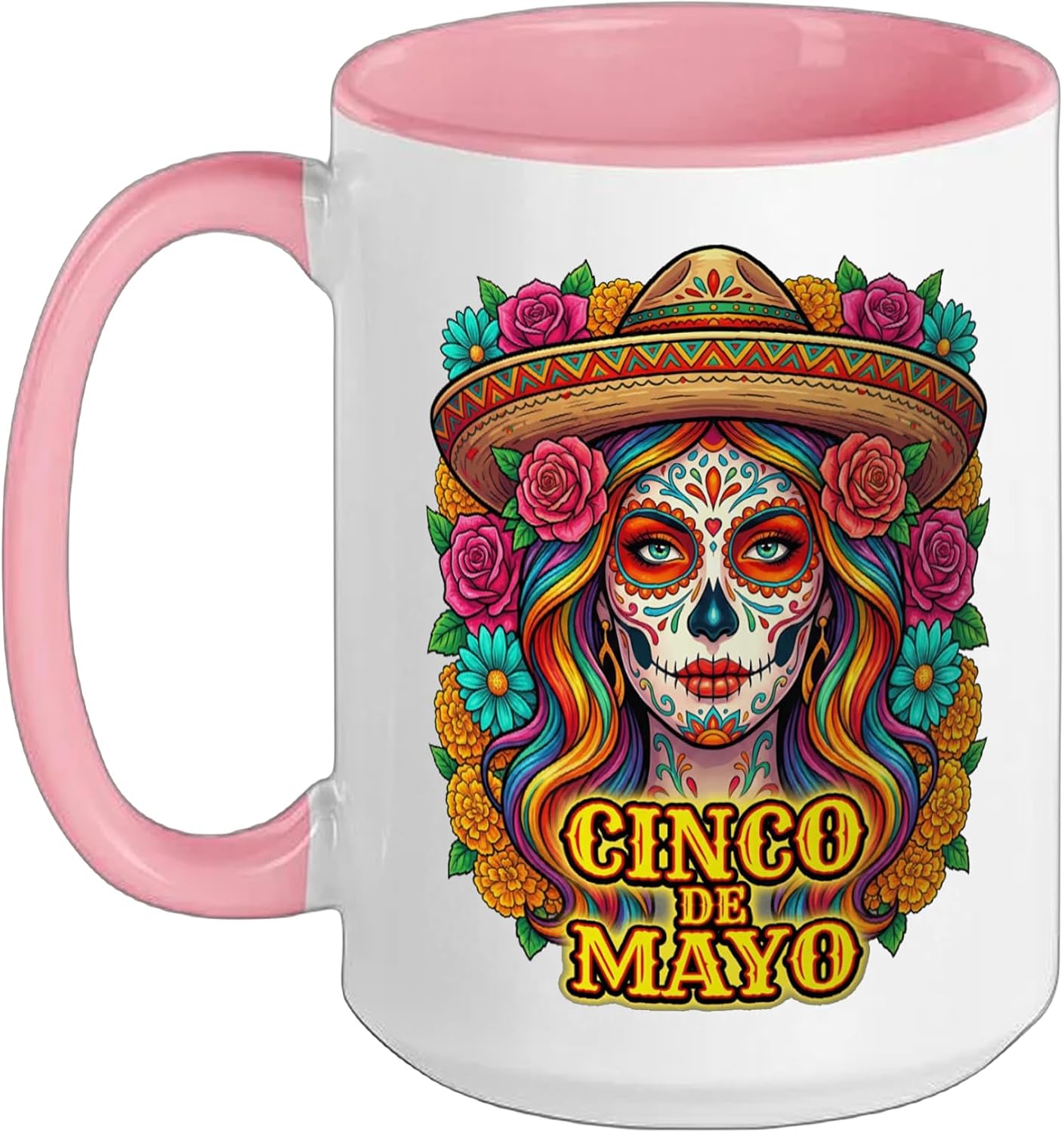Colorful Cinco De Mayo Sugar Skull Woman Mexican Fiesta Ceramic Mug, Pink/White, 15oz
