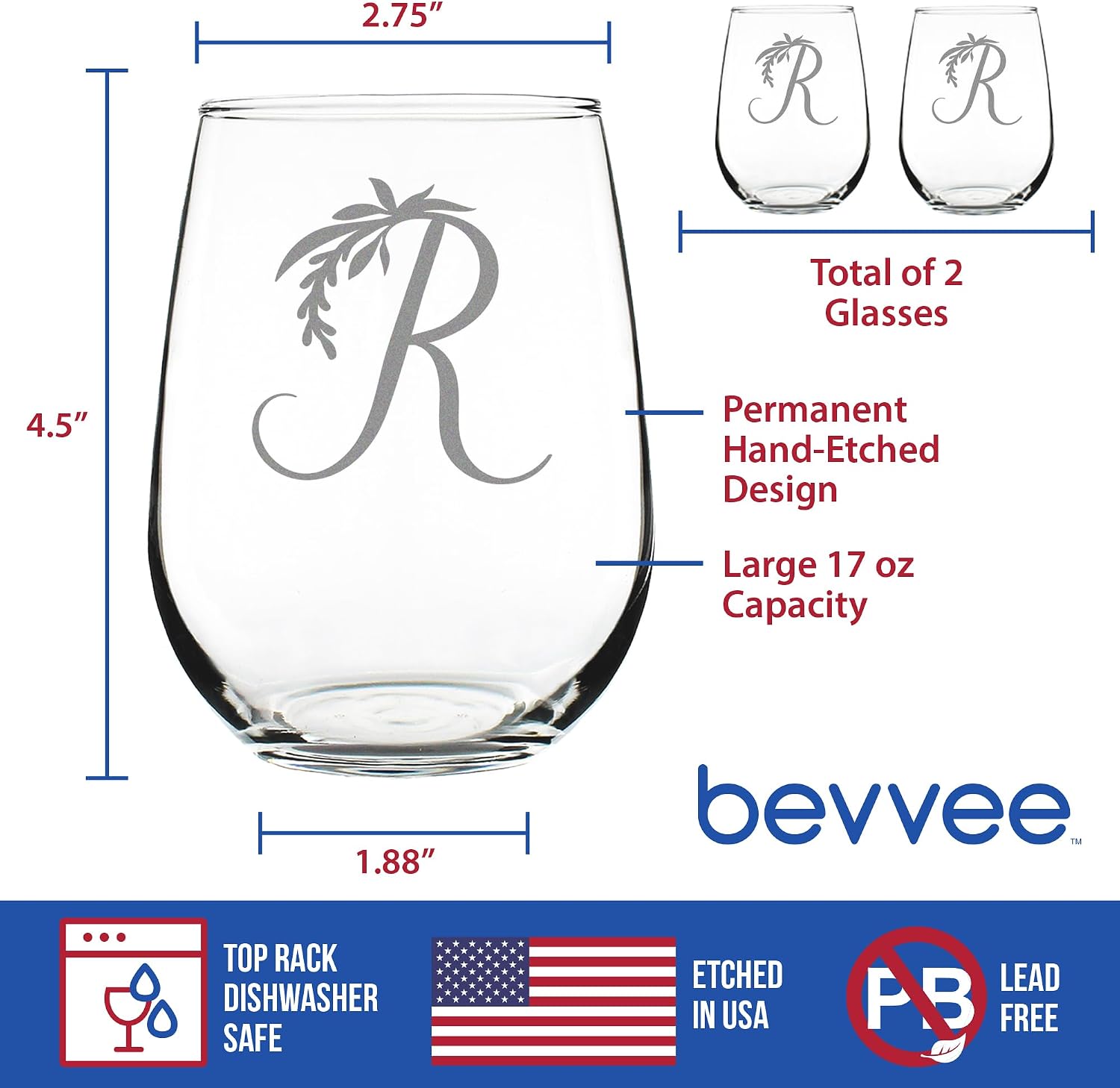 Bevvee Monogram Floral Letter R - Stemless Wine Glass - Personalized Gifts for Women and Men - Set of 2 - Large Engraved 17 Oz Glasses