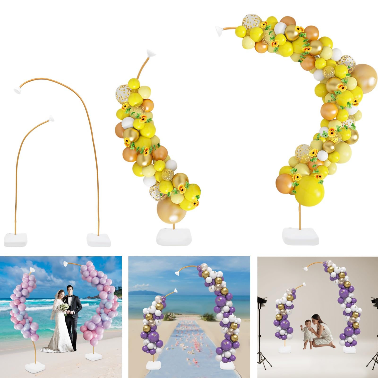 Kit de arco para globos, 2,5 m y 1,5 m, forma flexible, arco de globos con bomba independiente, manual, marco de arco de globos y soporte para columnas para bodas, fiestas de cumpleaños (dorado)