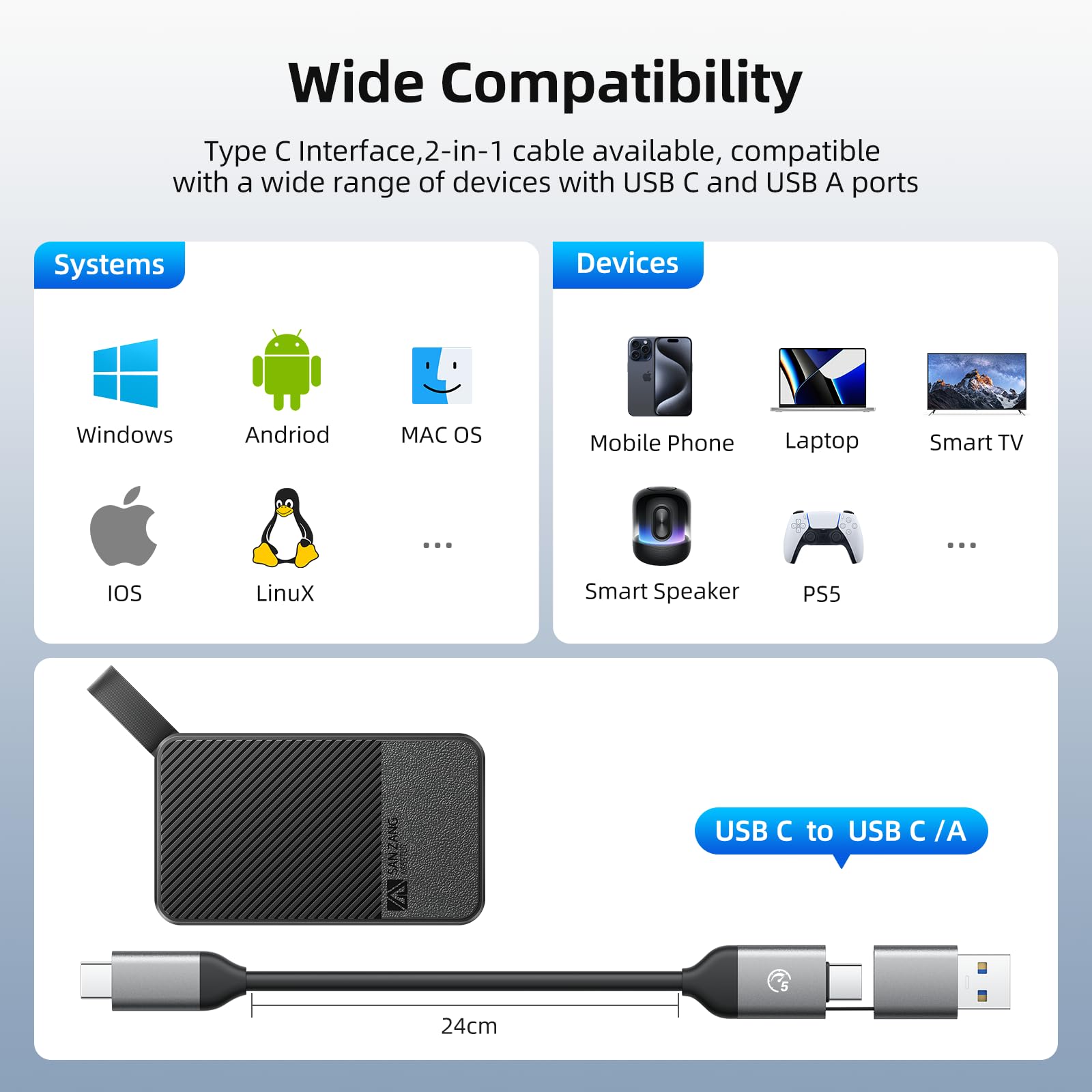 SAN ZANG MASTER Externe Festplatte 2TB,560 MB/s Lesen, 520 MB/s Schreiben,USB 3.2 Gen.1, Festplatte Extern für iPhone15-Serie, PC und Spielkonsole, Schwarz