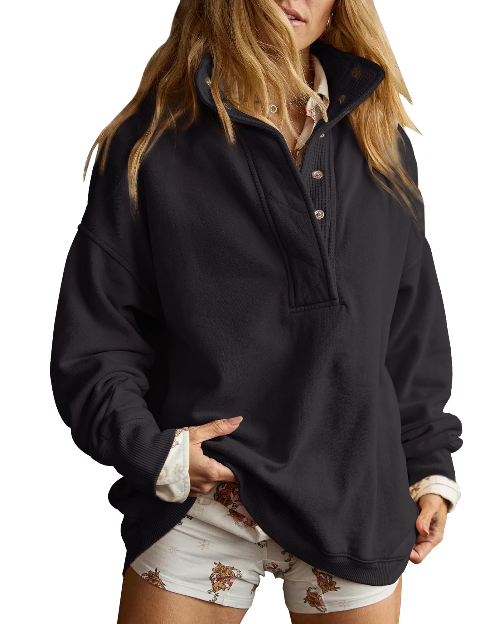 Gacaky Sweatshirt for Women Oversized Casual Long Sleeve Button Henley Neck Pullover Tops Fashion Outfits Clothes