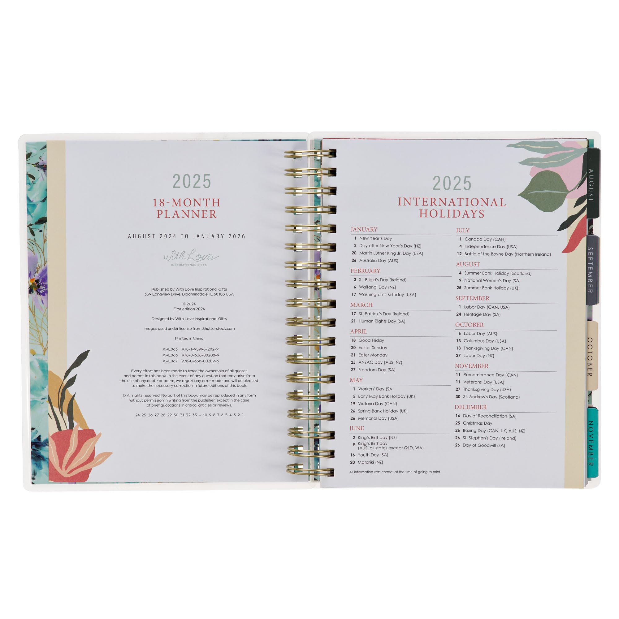 With Love Inspirierender 18-Monatsplaner 2025 mit Aufschrift "Thankful Grateful Blessed", persönlicher Organizer, Tages- und Wochenplaner für Frauen, Aufkleber, elastischer Verschluss, August 2024 -