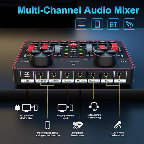 Miniatura 7 de Paquete de micrófono para podcast con mezclador de audio de tarjeta de sonido en vivo, paquete de equipo de podcast con dos micrófonos de