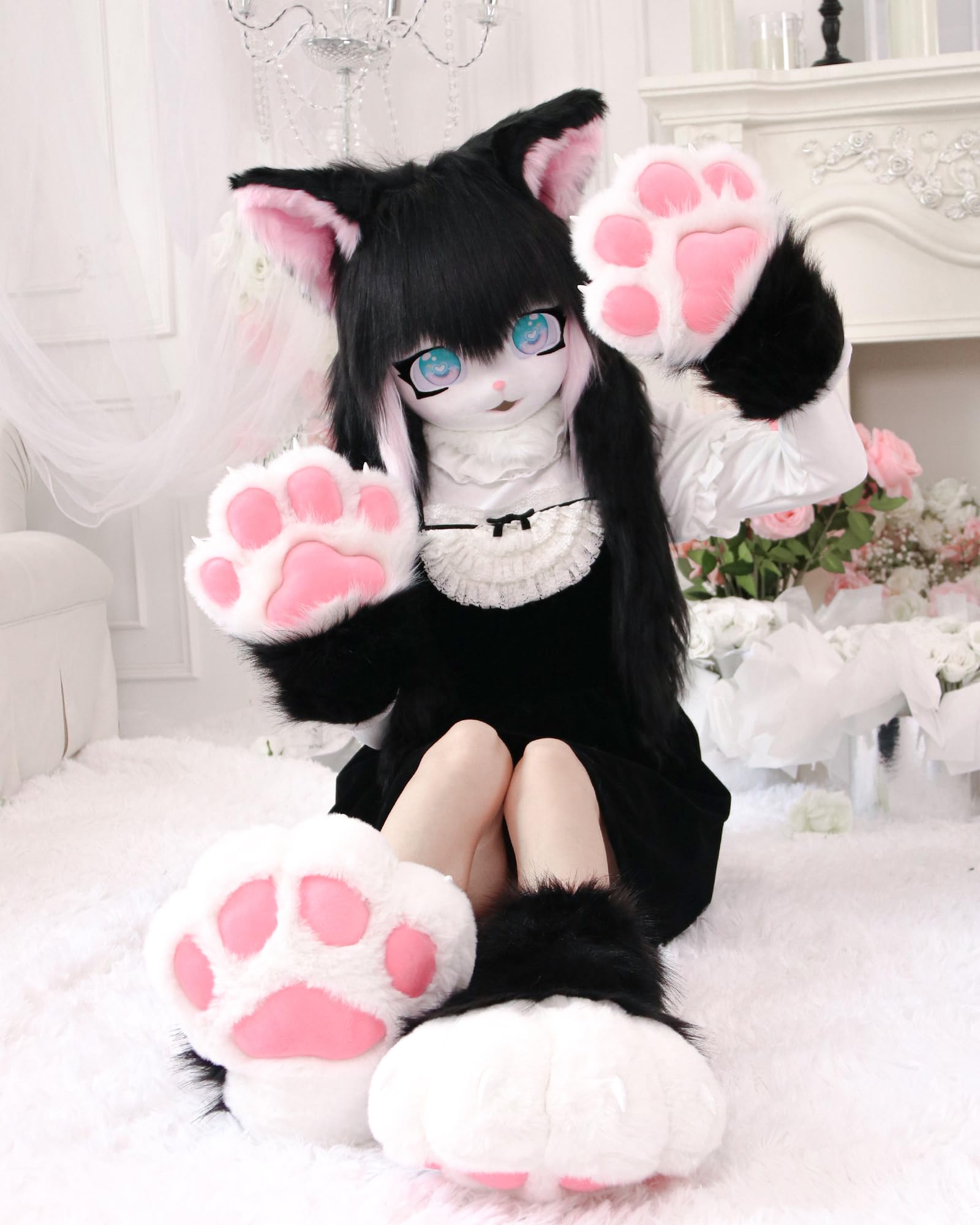 Set di accessori per costume da adulto, con artigli in plastica, per cosplay, animali, zampe, scarpe con zampa pelosa, pantofole e accessori per costume (nero-bianco)