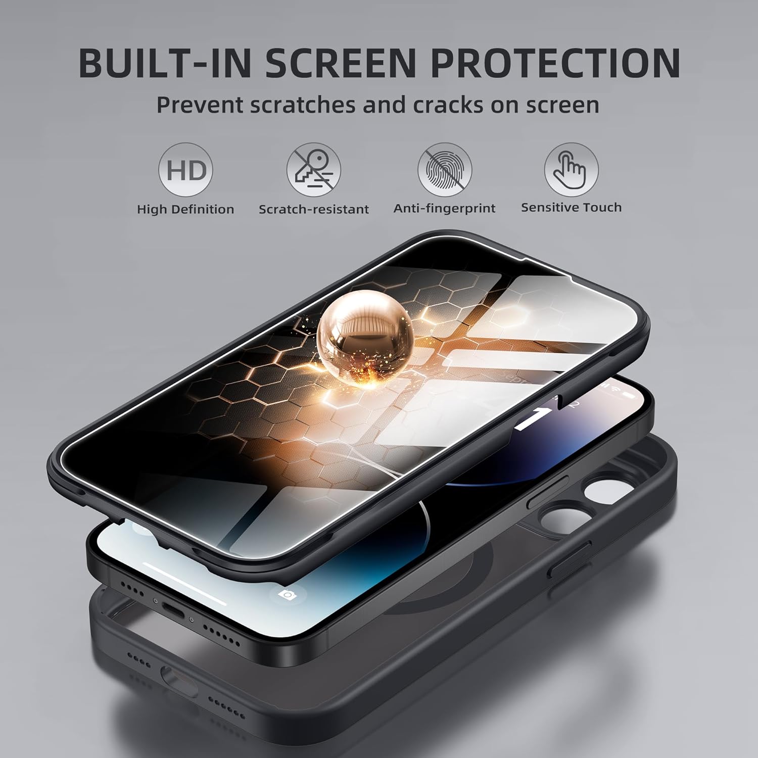 BERFY for iPhone 14 Pro Max Case, Compatible with MagSafe, Built-in Privacy Screen Protector and Camera Protection, Anti-Spy Full Body Shockproof Clear Phone Case for 14 Pro Max 6.7", Black - Image 3