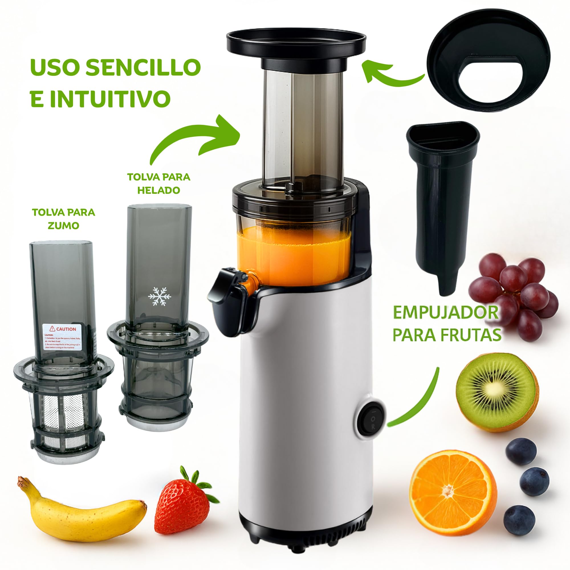 JuiceInstant - Extractor de zumos compacto para frutas y verduras, prensado en frío, exprimidor eléctrico sin BPA, 130W, con tamiz, antigoteo, licuadora lenta que conserva vitaminas (Gris)