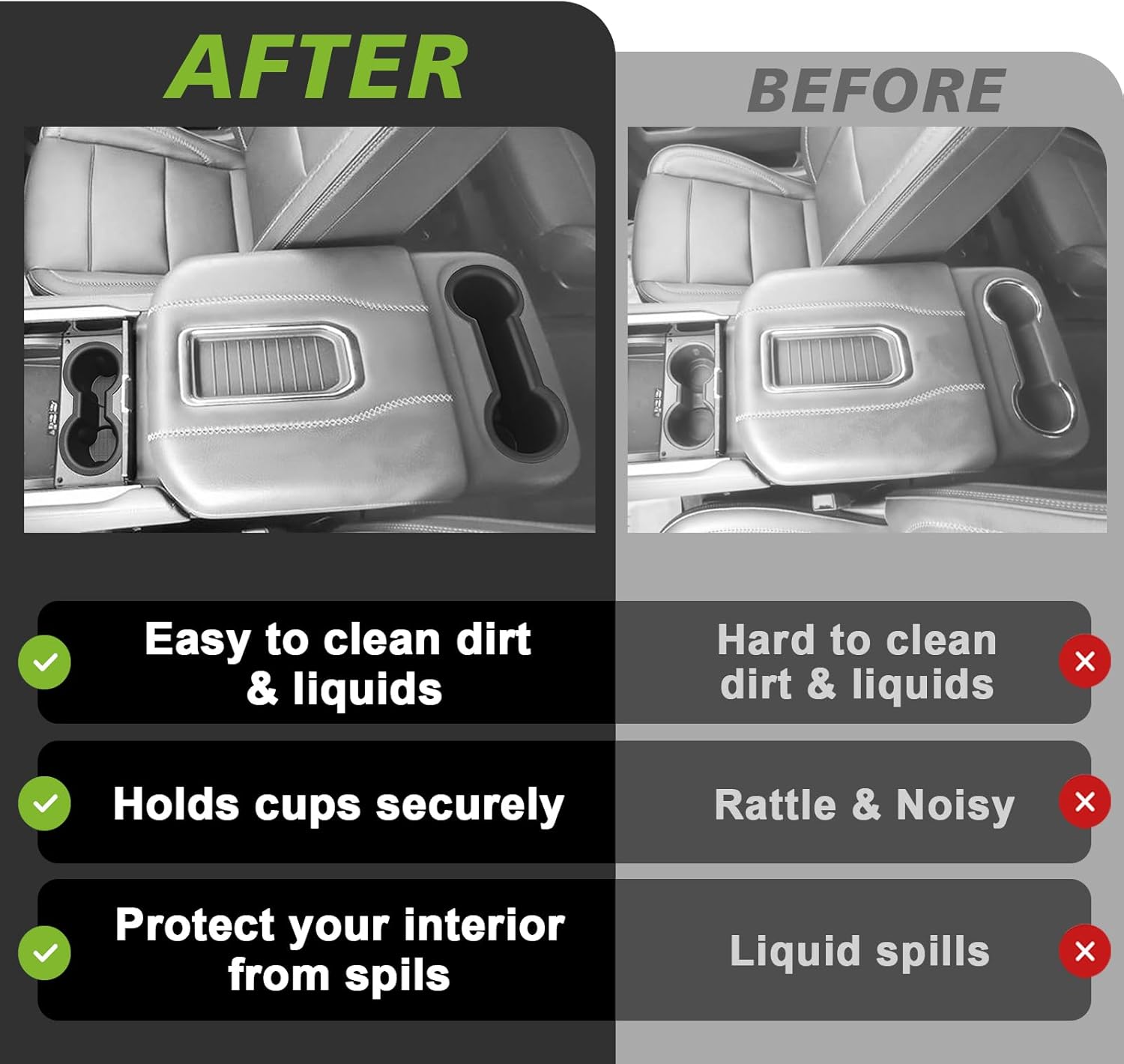 Muslogy Center Console Front&Rear Cup Holder Inserts Compatible with 2021-2025 2026 GMC Yukon Chevy Tahoe Suburban Accessories Middle Console Silicone Organizer Non-Slip Drink Stopper 2PCS Set