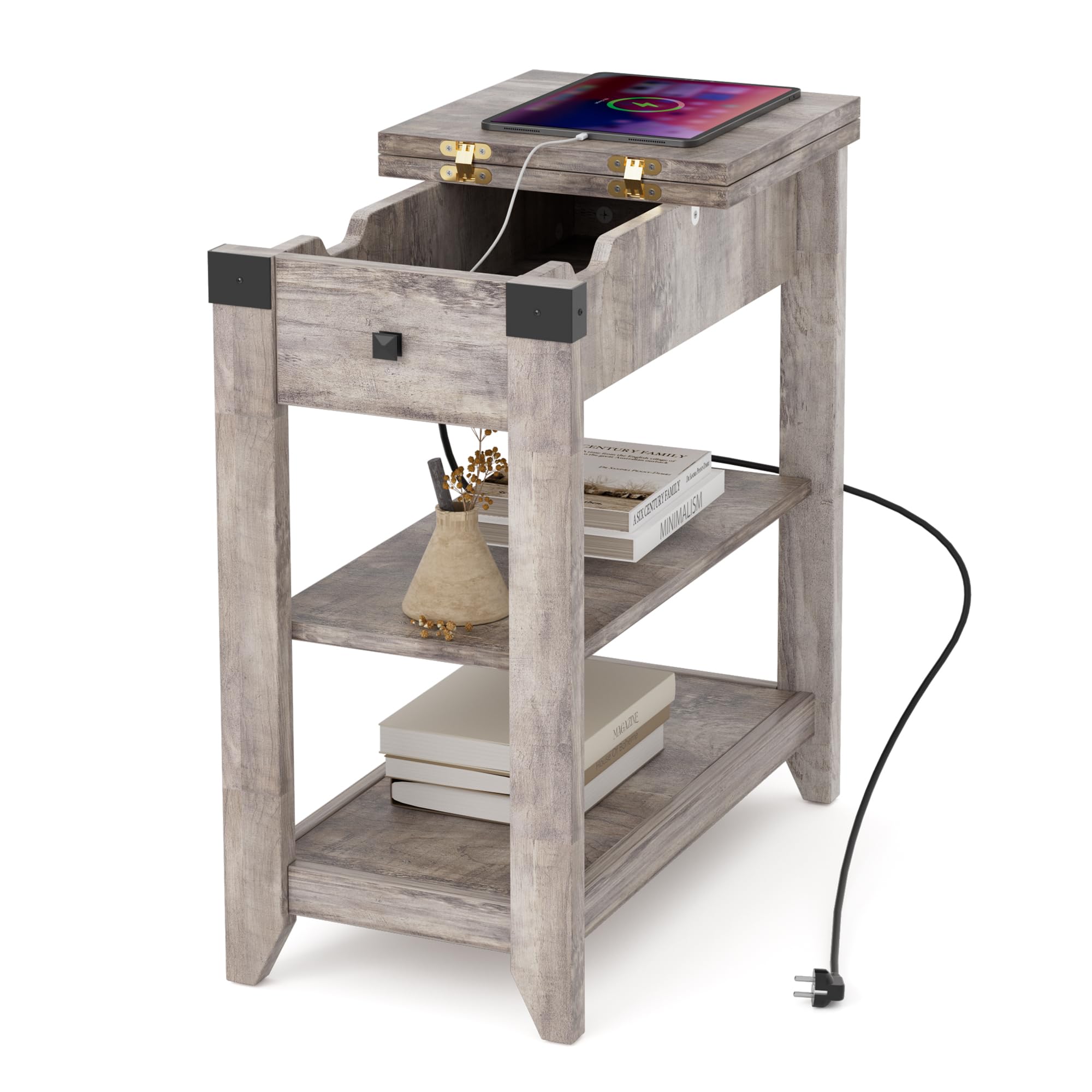 BonVache Set di 2 comodini, tavolino piccolo con funzione di ricarica, tavolino sottile con ripiano, cassetti, comodino per soggiorno, camera da letto, grigio