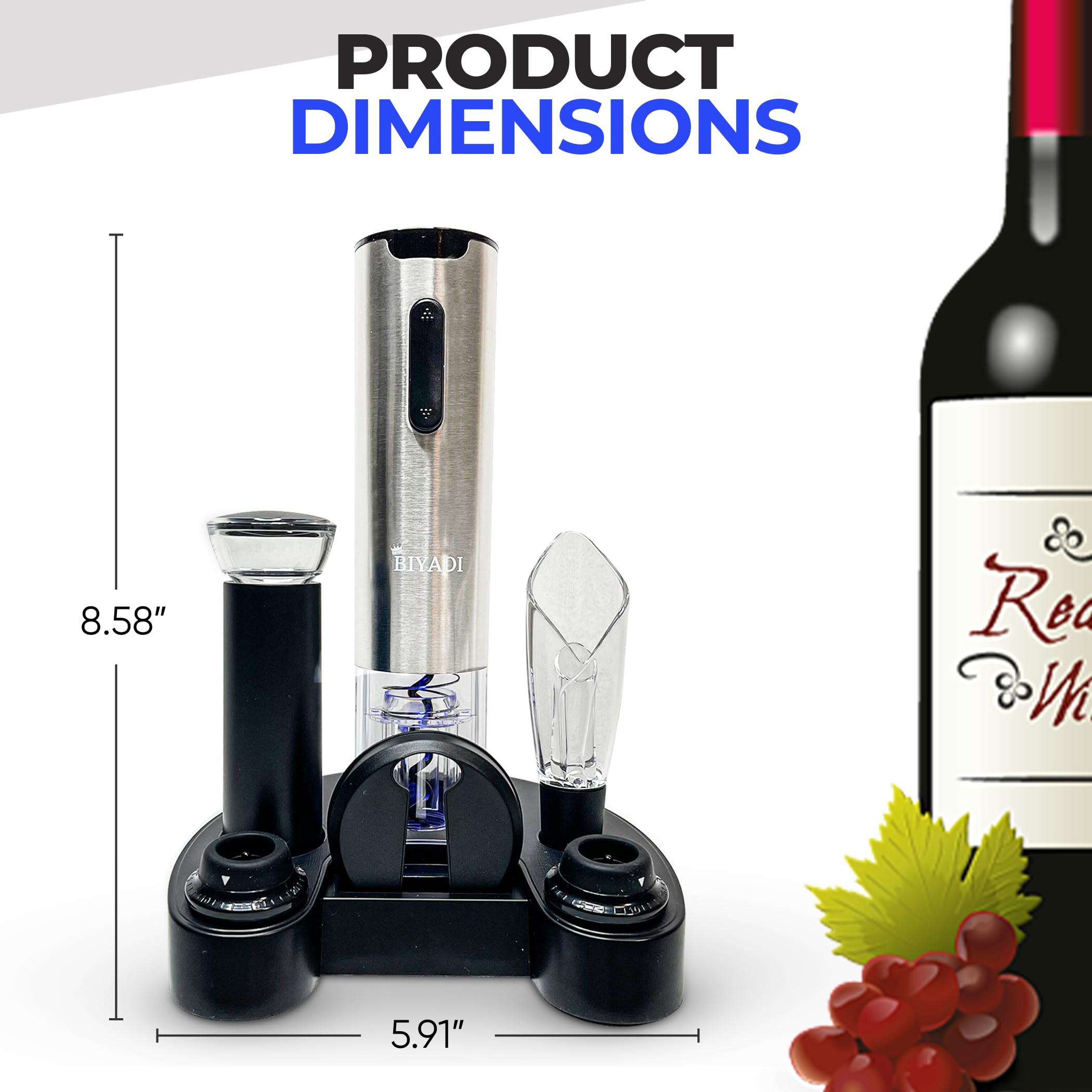 Elektrisches Weinöffner-Set mit 6-in-1-Weinzubehör, wiederaufladbarer automatischer elektrischer Korkenzieher, Folienschneider, Weinausgießer, Vakuumpumpe, 2 Weinstopfen, Ladeständer -