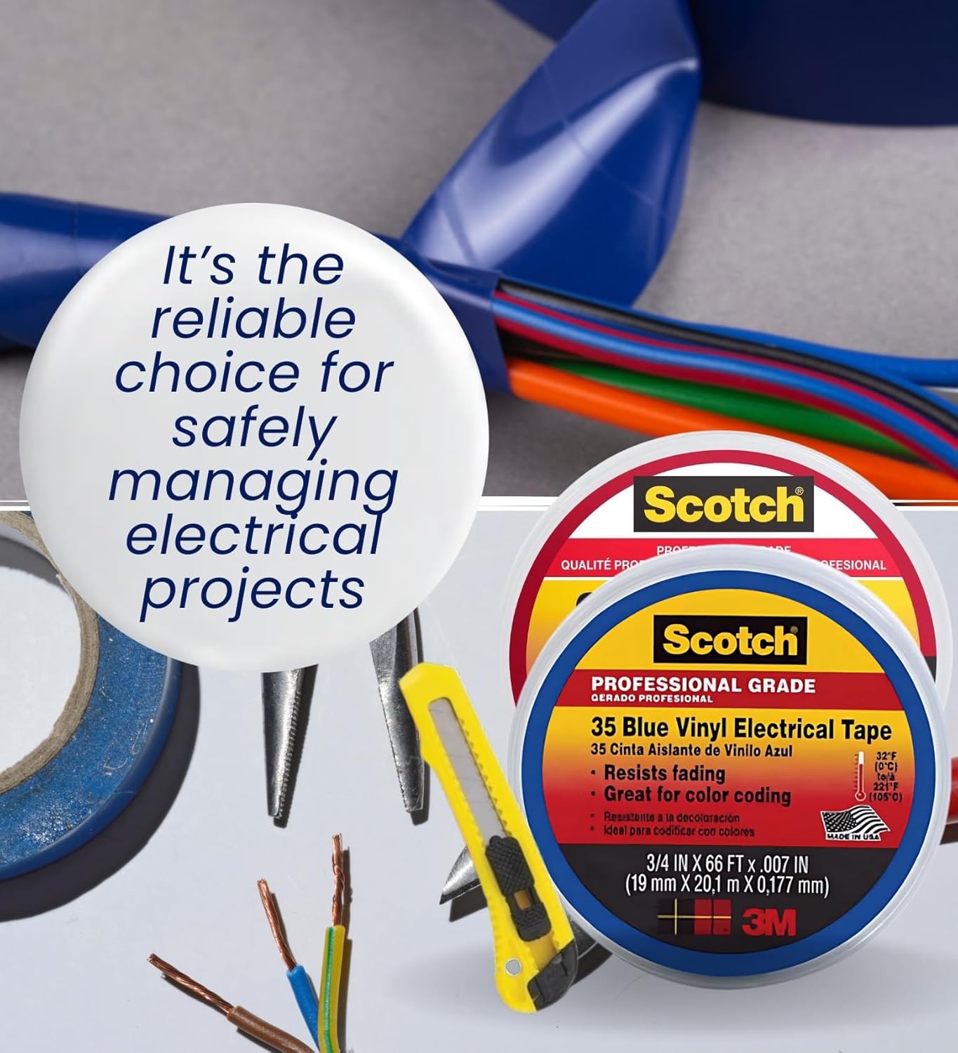 Scotch 3/4 in. W X 66 ft. L Blue Vinyl Electrical Tape + Red Vinyl Electrical Tape Bundle with Utility Knife - Electrical Tape for Color Coding & Insulation - Indoor/Outdoor Use - (3 Items)