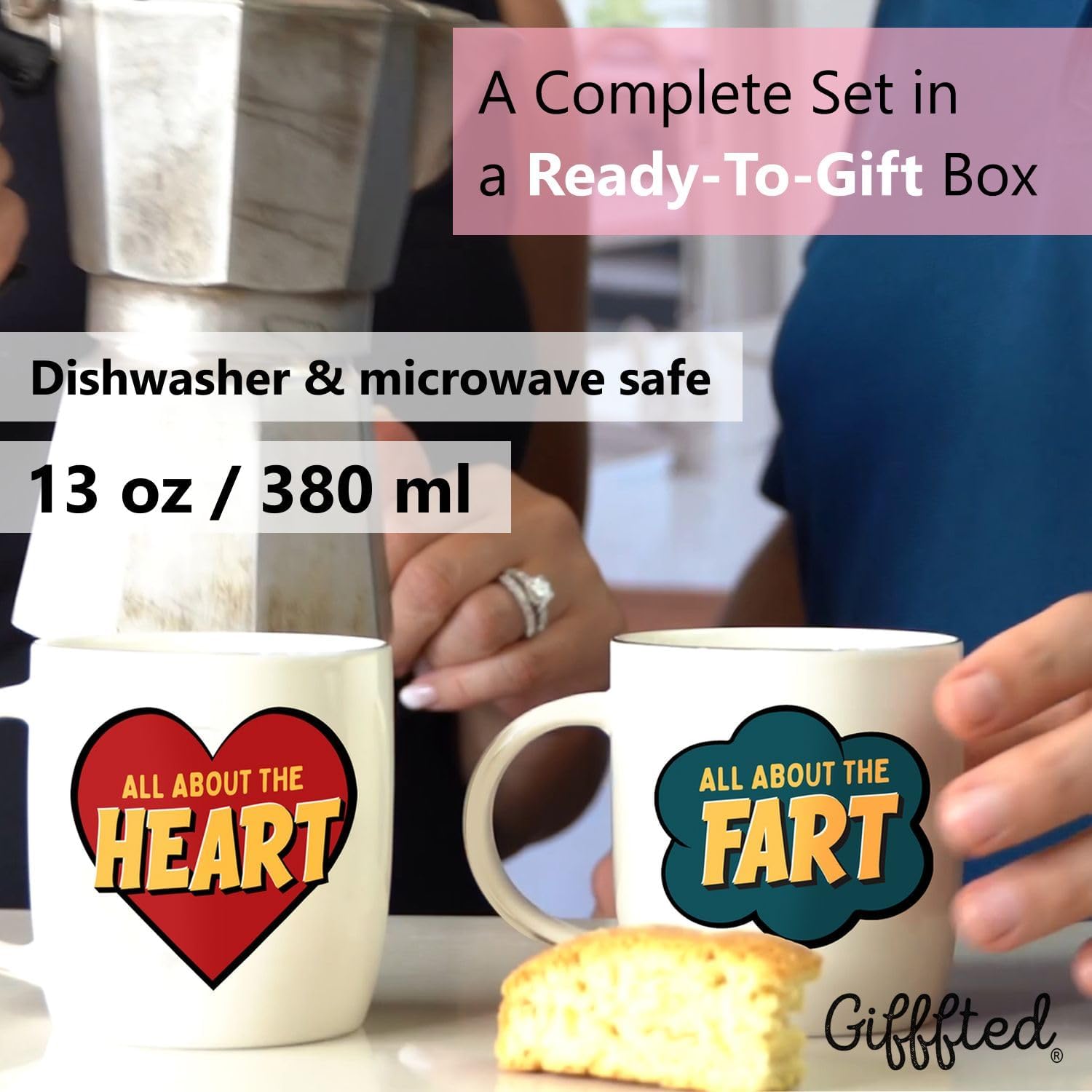 Triple Gifffted Anniversary Mugs for Couples - Pop Art Funny Fart Gag Gifts - 13oz Ceramic Coffee Cups in Gift Box - Idea for Valentine’s Day Christmas Wedding - Boyfriend Girlfriend - Husband Wife - Image 3