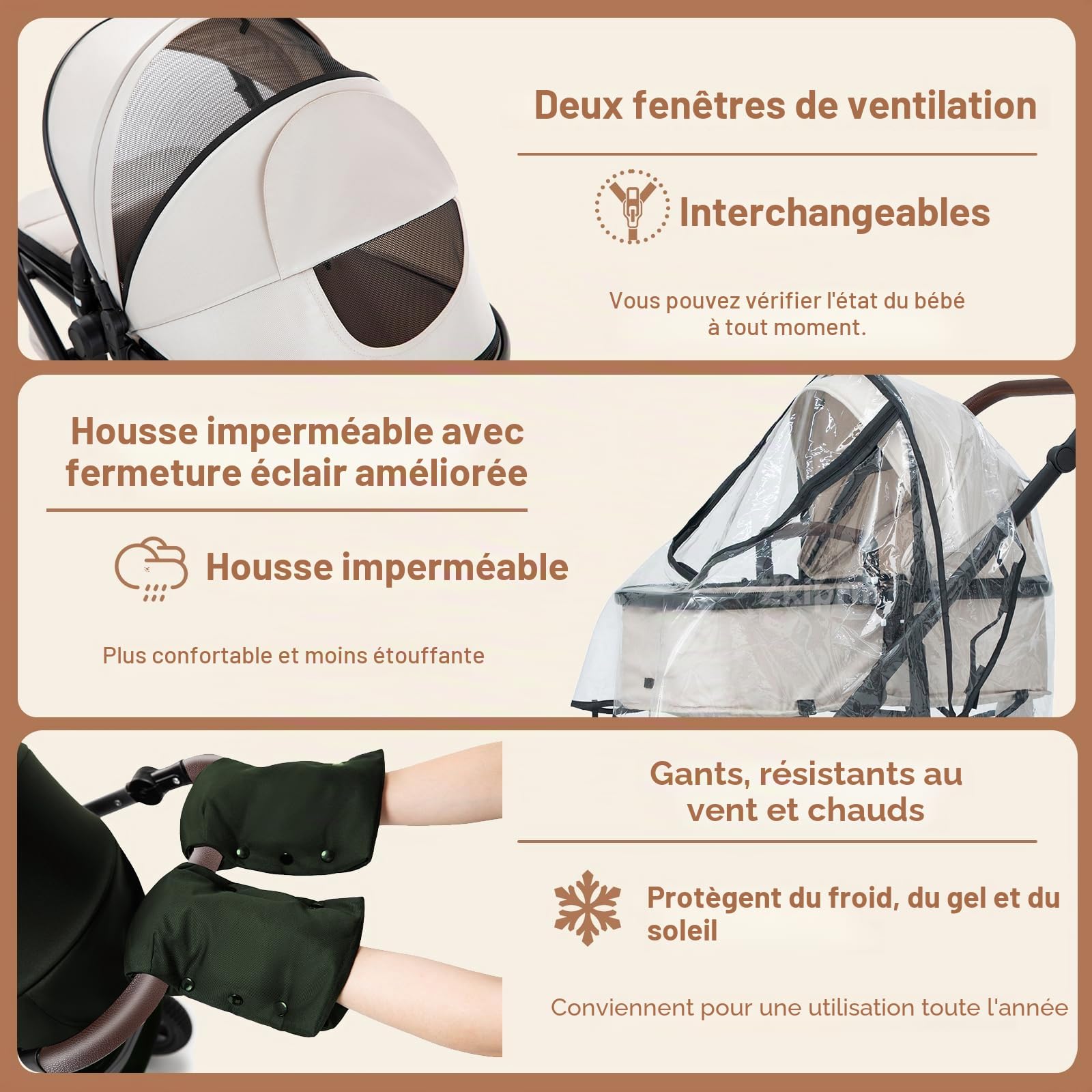 Zkiprm Poussette 3-en-1, Système de Voyage Avec Siège Auto, Landau et nacelle, Accoudoirs Réglables, Habillage pluie,Gant, Moustiquaire, Châssis en aluminium, Landau à profil haut pour 0-4 ans, Gris