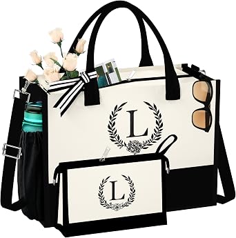 Initial Canvas Tote Bag Makeup Bag, Beach Bag with Zipper, Personalized Mothers Day Gifts for Mom Grandma