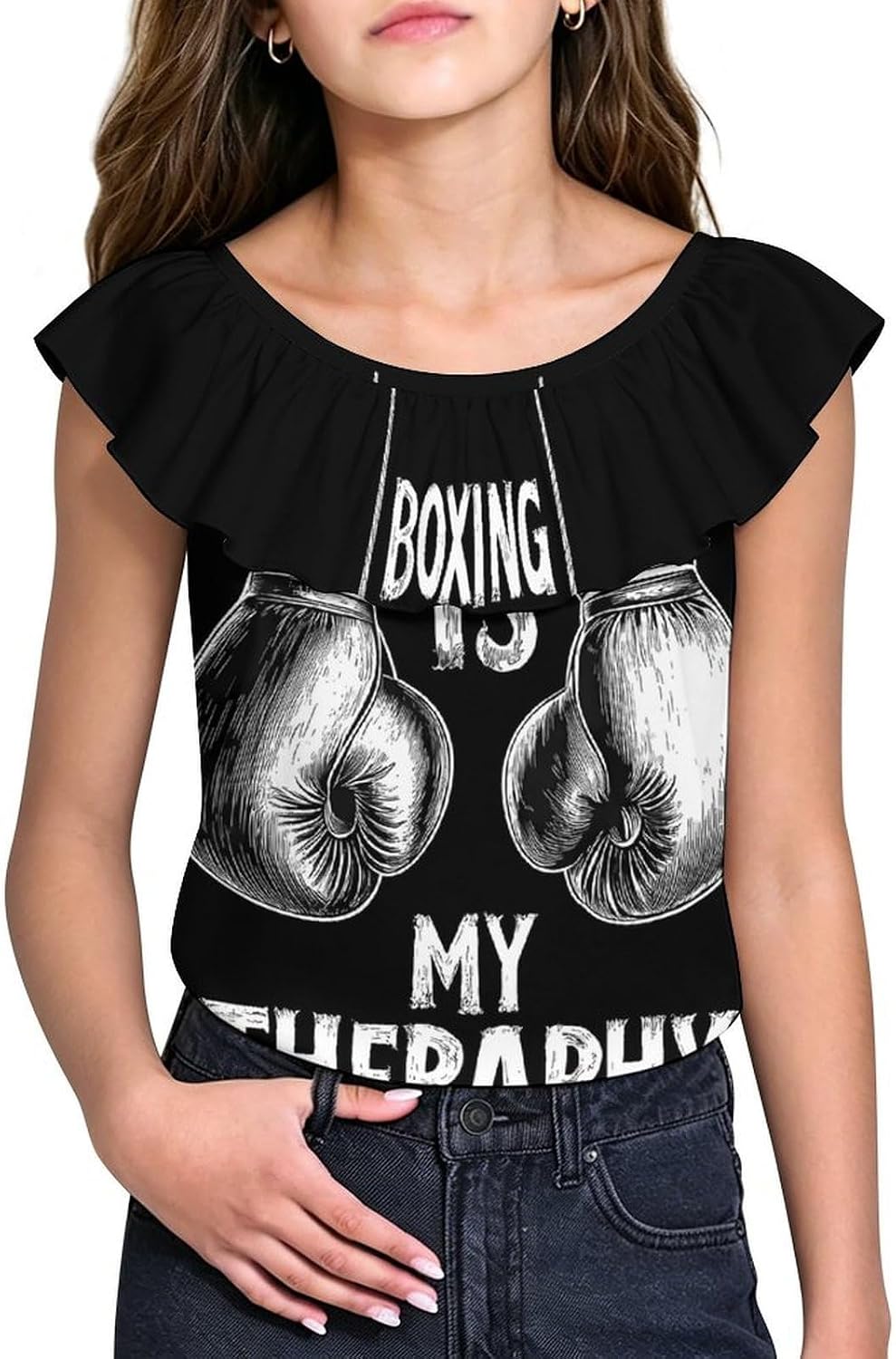 Boxing is My Theraphy Girls T-Shirts Top Ruffle Short Sleeve Blouse Casual Graphic Tees