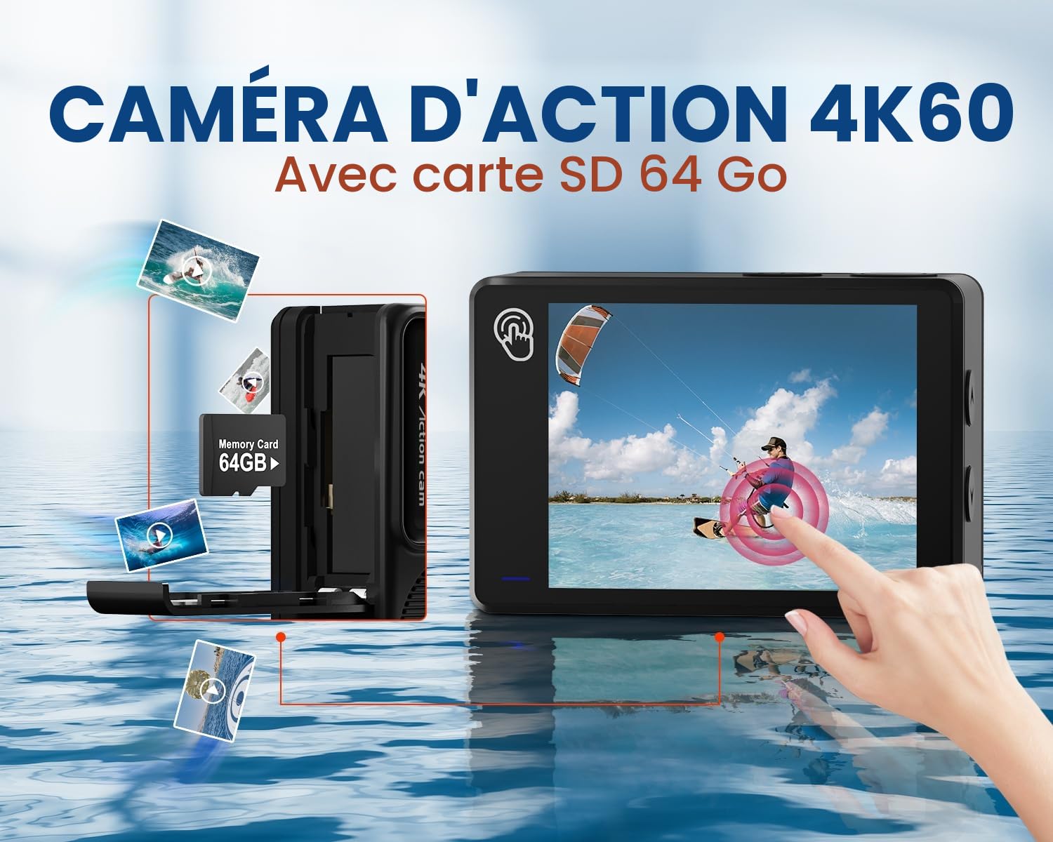 Caméra Sport 4K60FPS 48MP Écran Tactile 64GB Carte 40M Étanche EIS 170° WiFi Télécommande 2x1350mAh