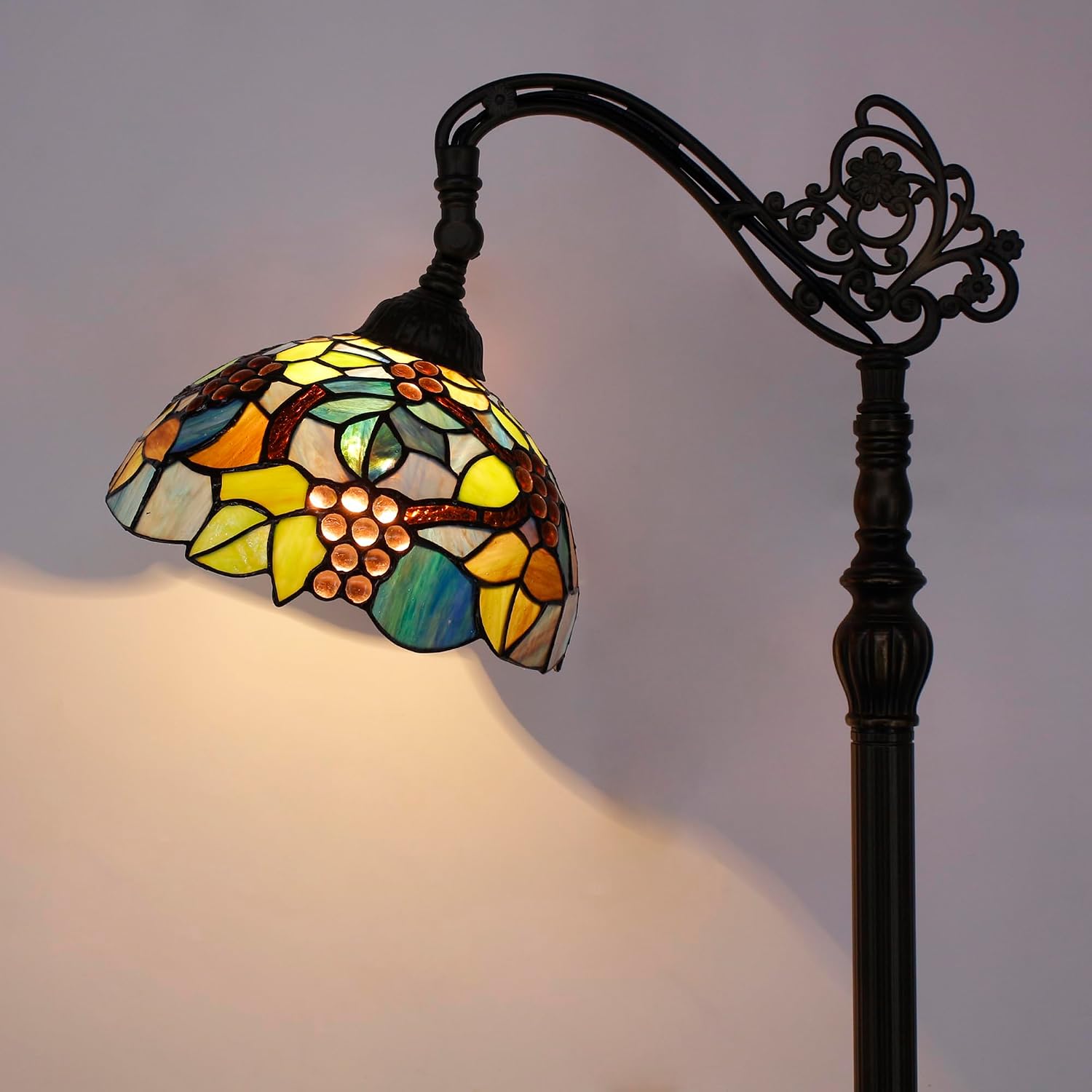 Tiffany Floor Lamp Stained Glass Arched Lamp 10X16X67 Inches Gooseneck Adjustable Corner Standing Reading Light Decor Bedroom Living Room (Purple Grape Style)