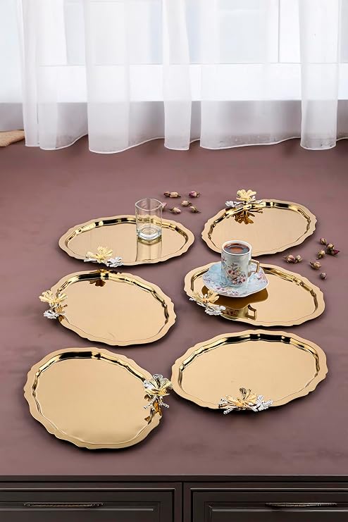 6 Adet Oval Kelebek Aksesuarlı Kahve-çay Servis Ve Sunum Tepsisi 25x20 Cm (Gold)