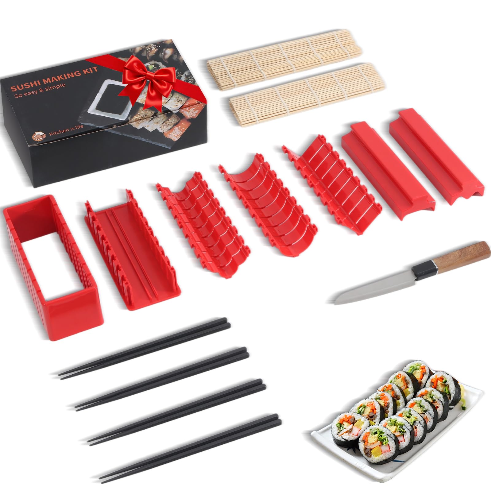 MLRYH Sushi Making Kit Sushi Maker, 14 Pcs Sushi Kit for Beginners Sushi Roller Kit with Sushi Cutting Mold, Knife, Sushi Mats, Chopsticks(Red)