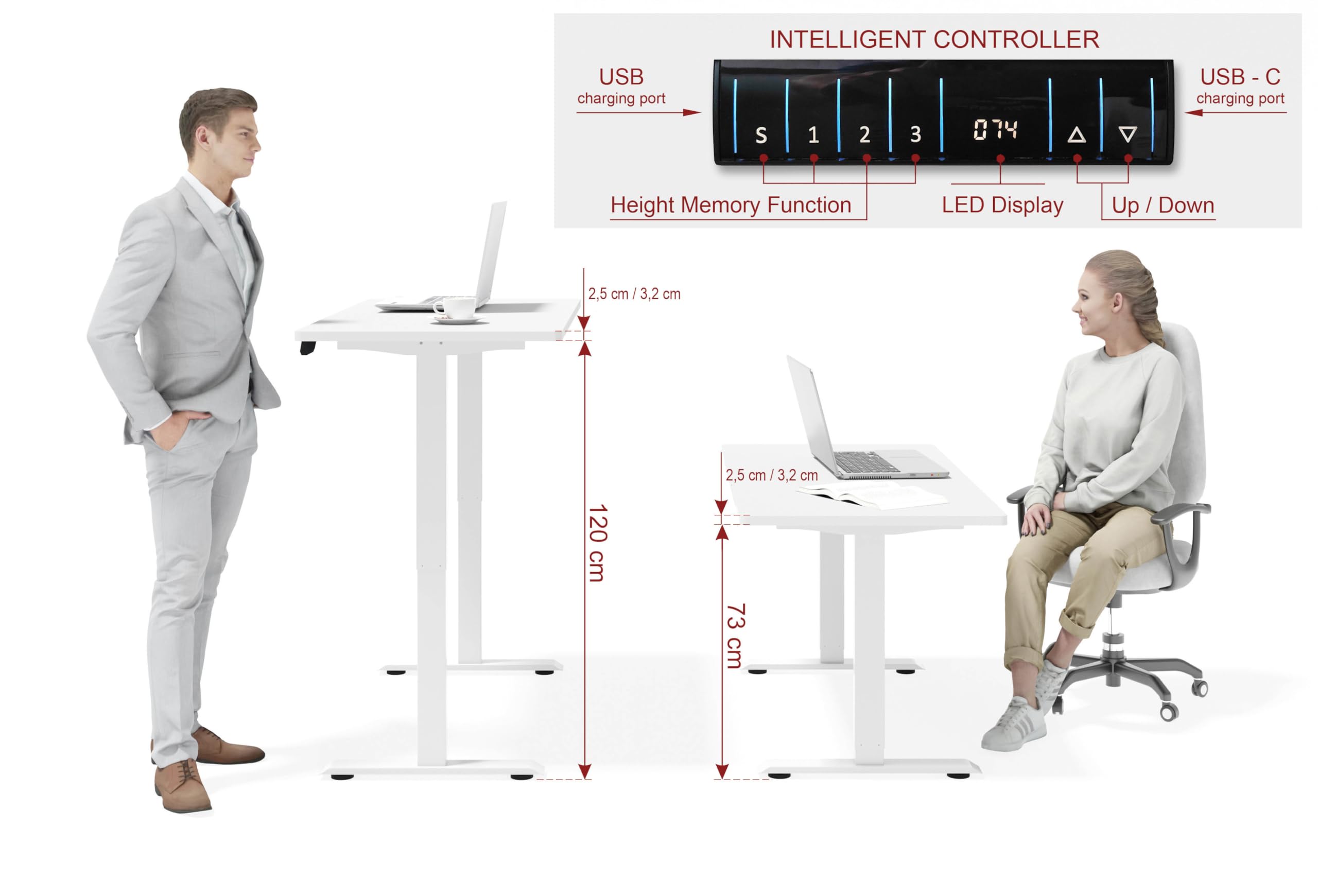 Homlando Elektrisch Schreibtisch, Bürotisch mit Automatikfahrt, Höhenverstellbar mit Höhenverstellung, Steh-Sitz Schreibtisch Home OfficeBIMotion 1S 140x70x3,2 cm Eiche Artisan/Weiß Gestell