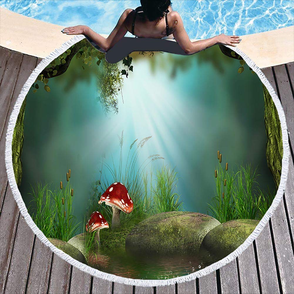 BOYOUTH Round Beach Towel,Red Mushroom on Grassy Rock Pattern Printing Beach Mat with Tassels Ultra Soft Super Water Absorbent Multi-Purpose Towel,59 inch-Diameter