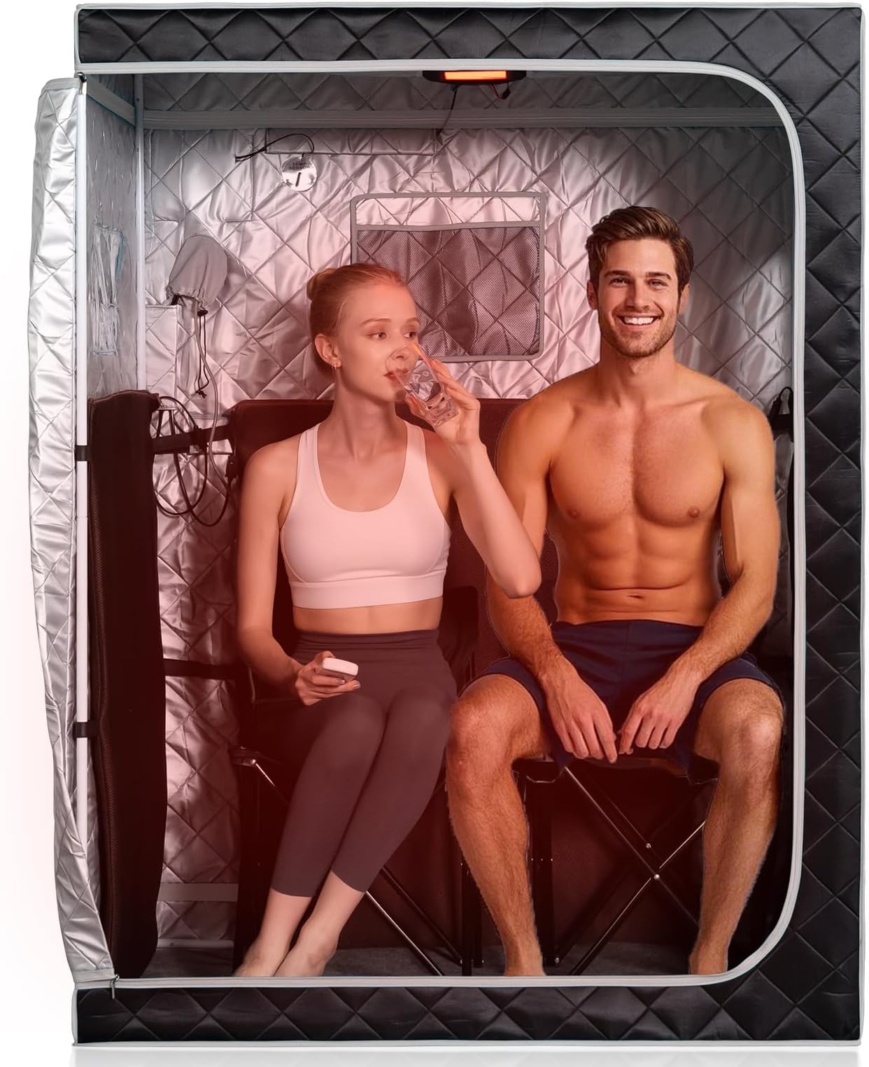 Smartmak Portable Far Infrared Sauna, Home One or Two Person Sauna Box with 660nm Red Light Therapy Lamp, X-Large Full Size Indoor SPA Tent for Body Recovery, Remote Control, Folding Chairs