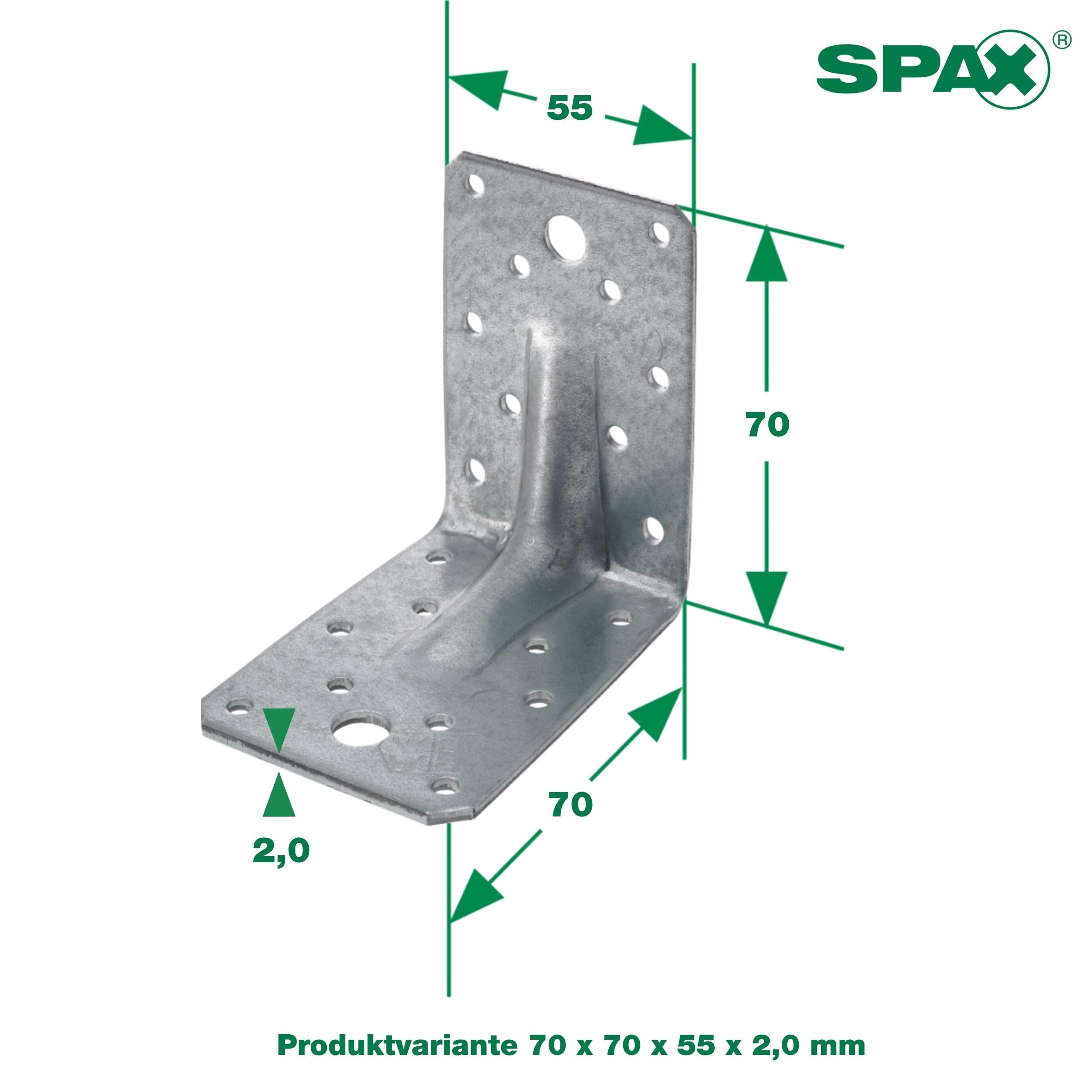 SPAX Winkelverbinder mit Rippe 70x70x55 mm, 2 mm Blechstärke, 100 Stk. - Feuerverzinkter Stahlverbinder Holz an Holz, Beton & Stahl Verbindungen - Made in Germany, SXABR70