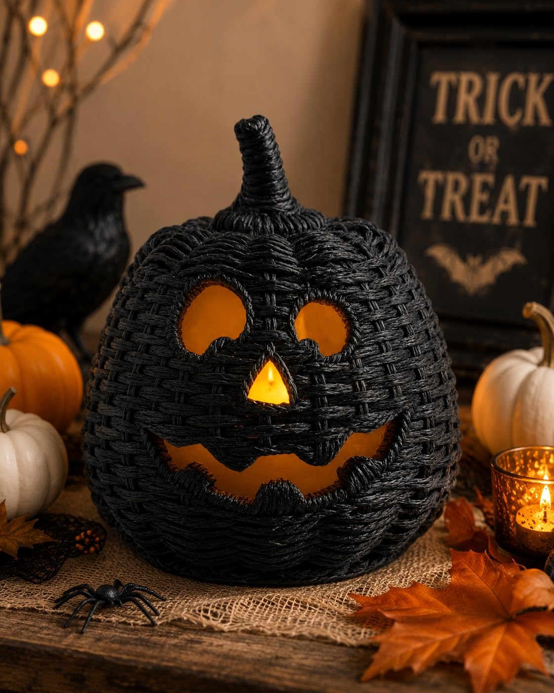 Halloween Woven Seagrass Pumpkin Lantern with Witch Hat Lid