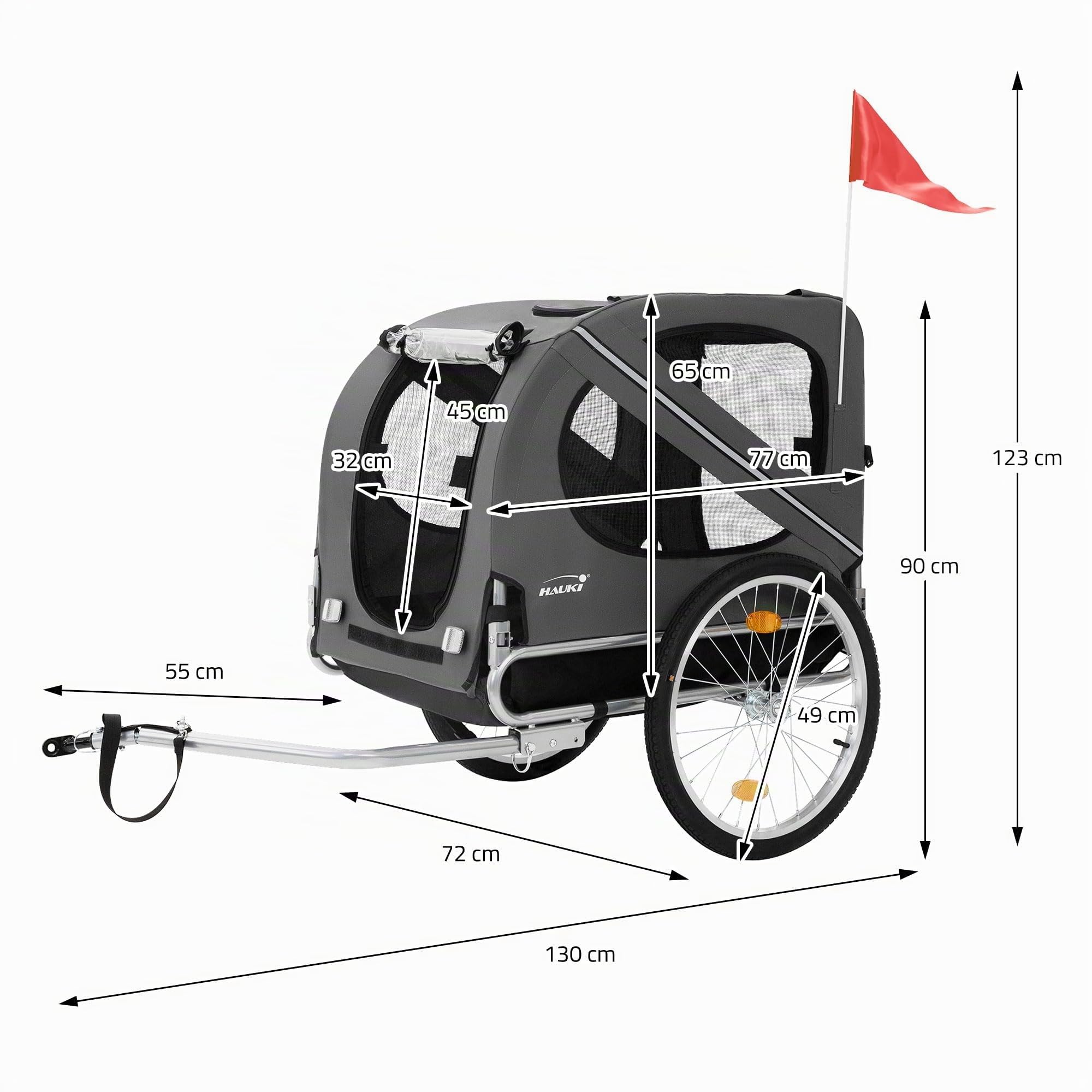 Hauki Remolque 2 en 1 de Bicicleta y Cochecito para Perros, Plegable, Gris 130x72x90 cm Capacidad de Carga hasta 40 kg, Transporte con Reflectores,Correa y Bandera, Carro de Exterior para Mascota