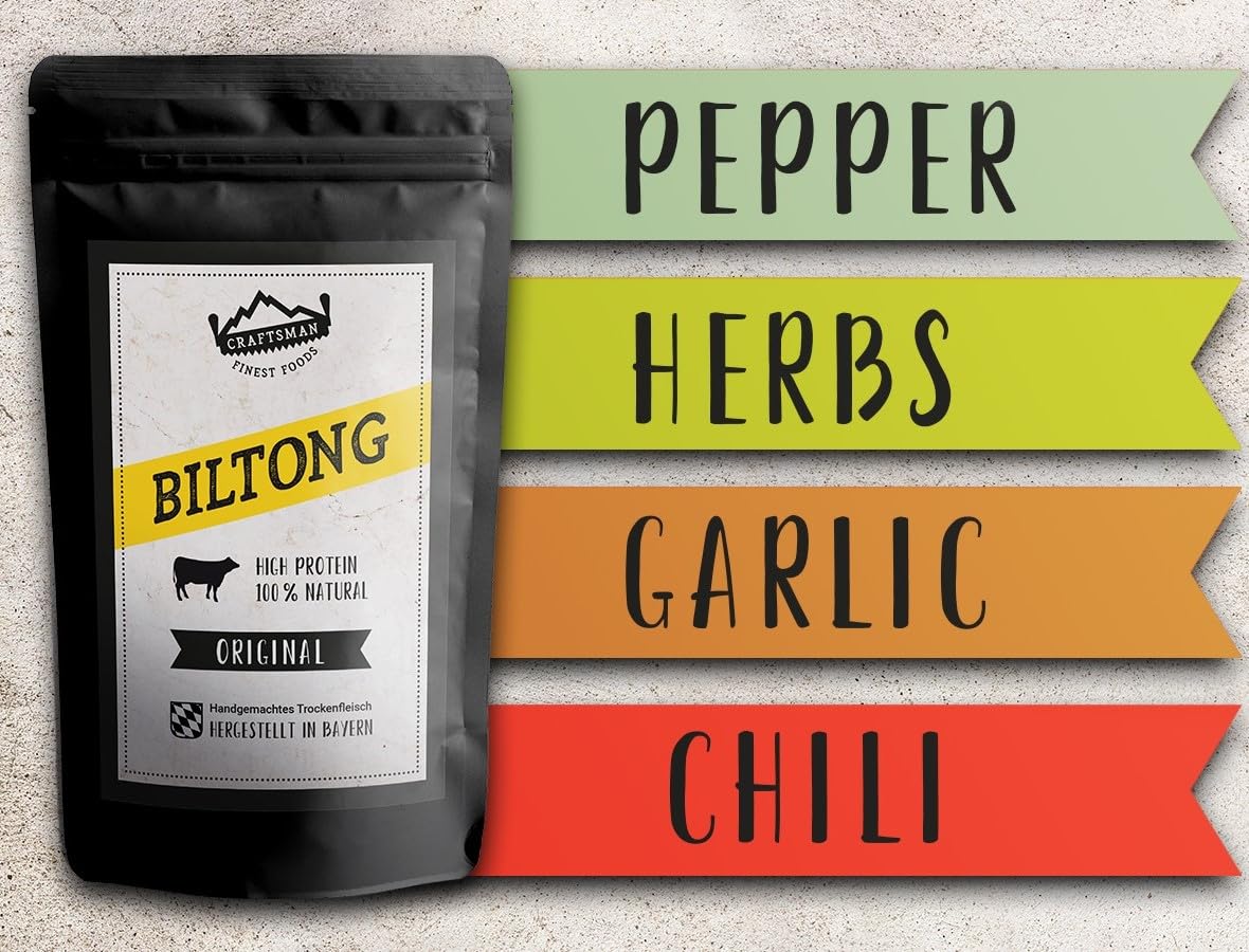 Craftsman Biltong Garlic Trockenfleisch | Beef Jerky Set aus Deutschland - Bayern | Ohne Zucker 100% Natürlich mit Knoblauch (5x 50g Garlic)