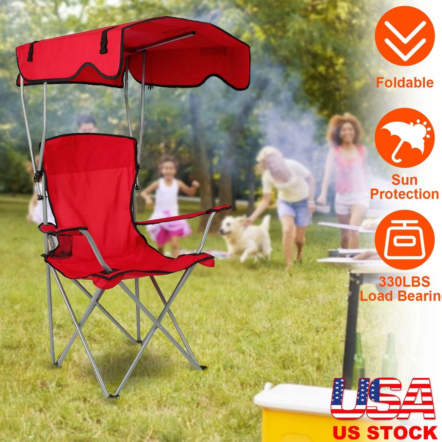 TeqHome Camp Chair with Shade Canopy, Heavy Duty Max Shade Folding Camping Lawn Chair with Cup Holder, UPF 50+ Sun Protection Portable Beach Lounge Chair for Outdoor Sports Support 330 LBS (Red)