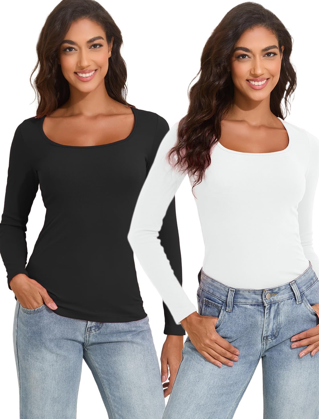 YYA Womens Long Sleeve Tops 2 Pack Basic Shirts for Women Fitted Stretch Layering Tees Casual Slim Fit Going Out Tops