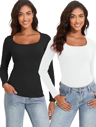 YYA Womens Long Sleeve Tops 2 Pack Basic Shirts for Women Fitted Stretch Layering Tees Casual Slim Fit Going Out Tops