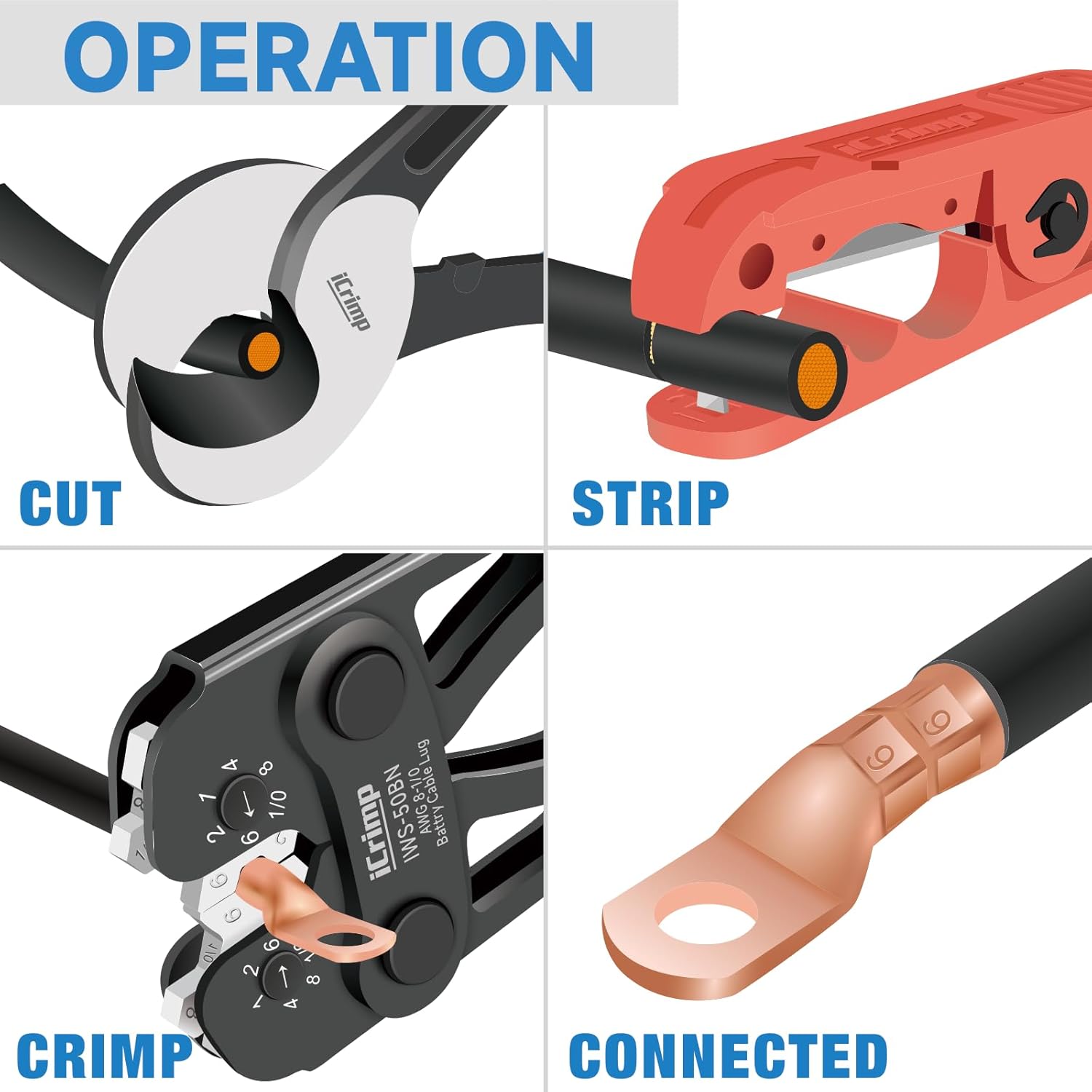iCrimp IWS-50BN Battery Cable Crimper for 8, 6, 4, 2, 1, 1/0AWG Battery Cable Terminals and Lugs with Rotation Crimping Dies