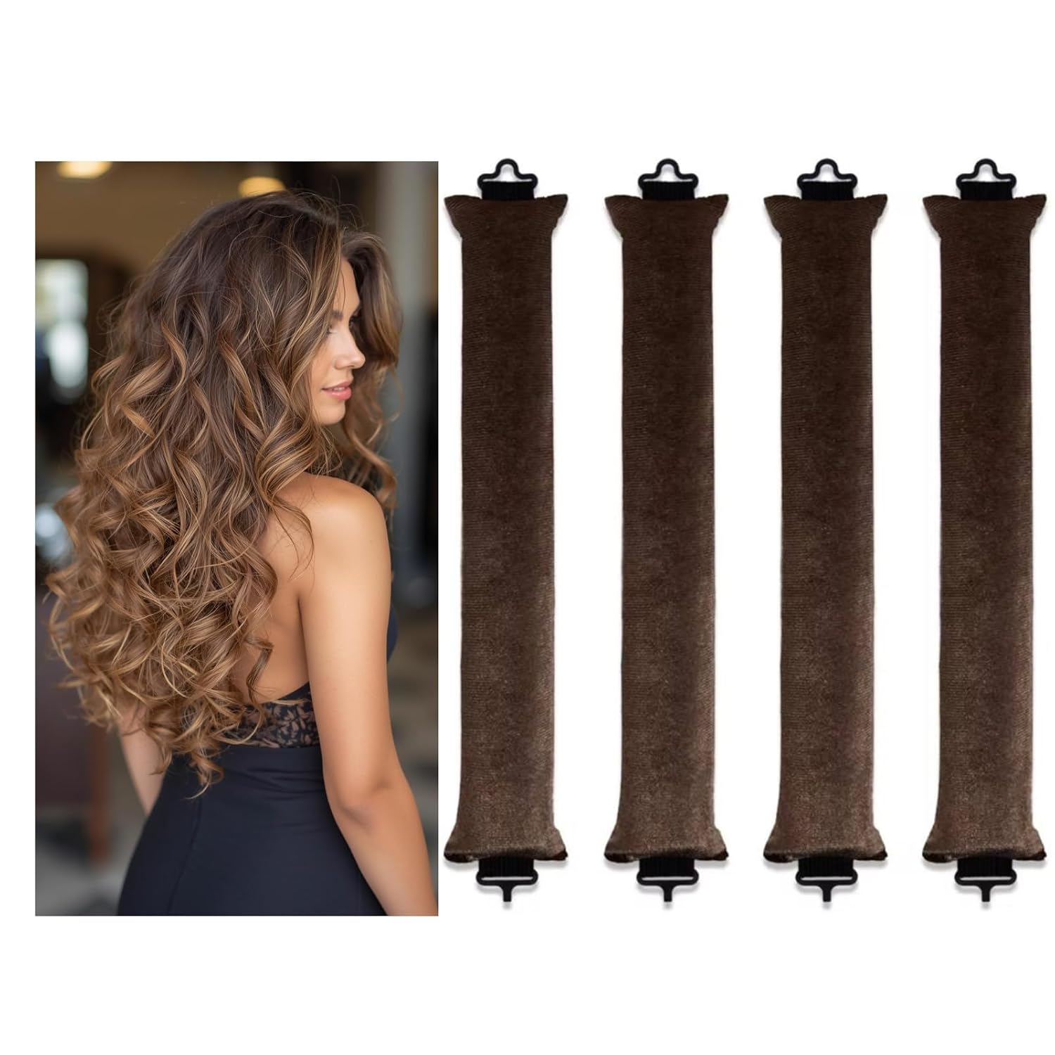 Heatless Hair Curler, Velvet Rollers for Effortless Bouncy Curls, Overnight Styling, All Hair Types, 4 Count (brown)